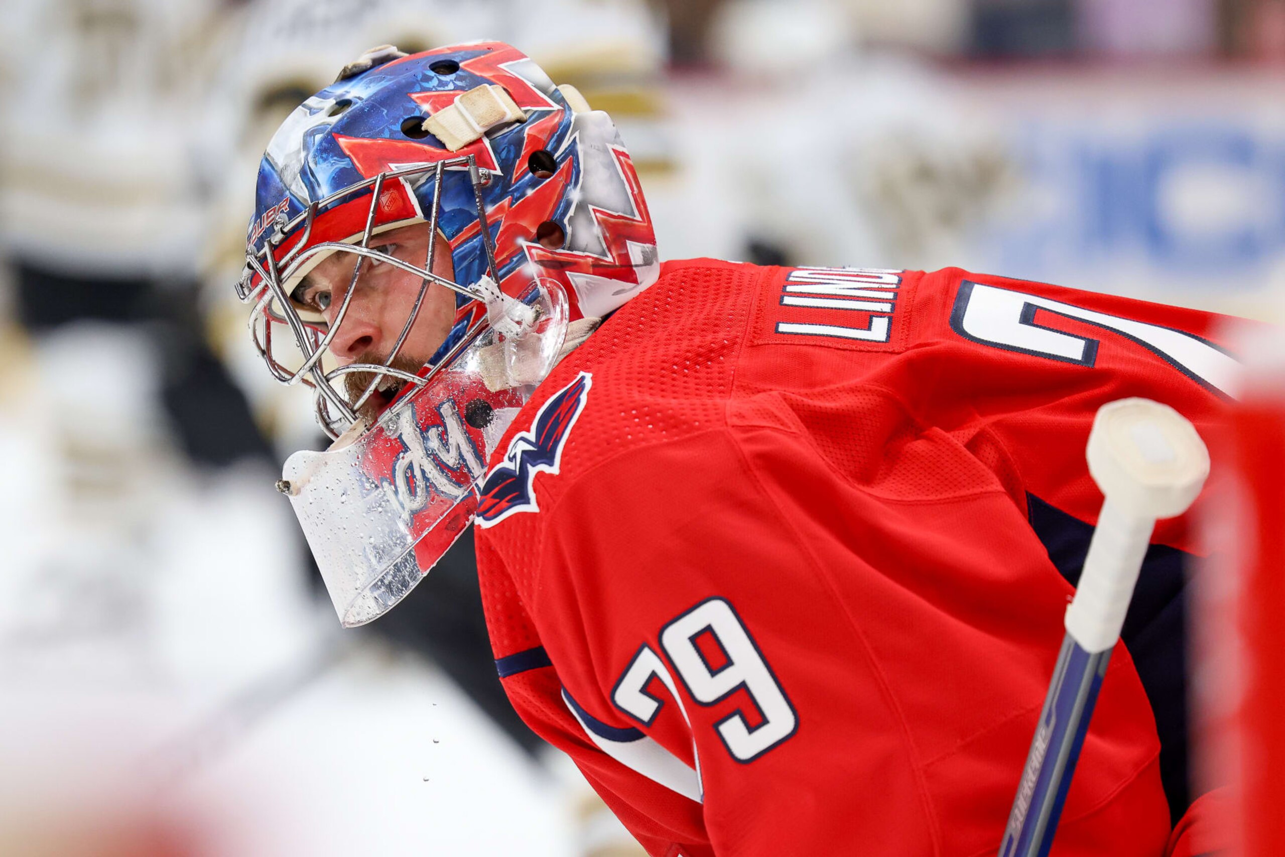 WASHINGTON, DC - APRIL 15: Charlie Lindgren #79 of the Washington Capitals skates during warmups before a game  against the Boston Bruins at Capital One Arena on April 15, 2024 in Washington, D.C. (Photo by John McCreary/NHLI via Getty Images)