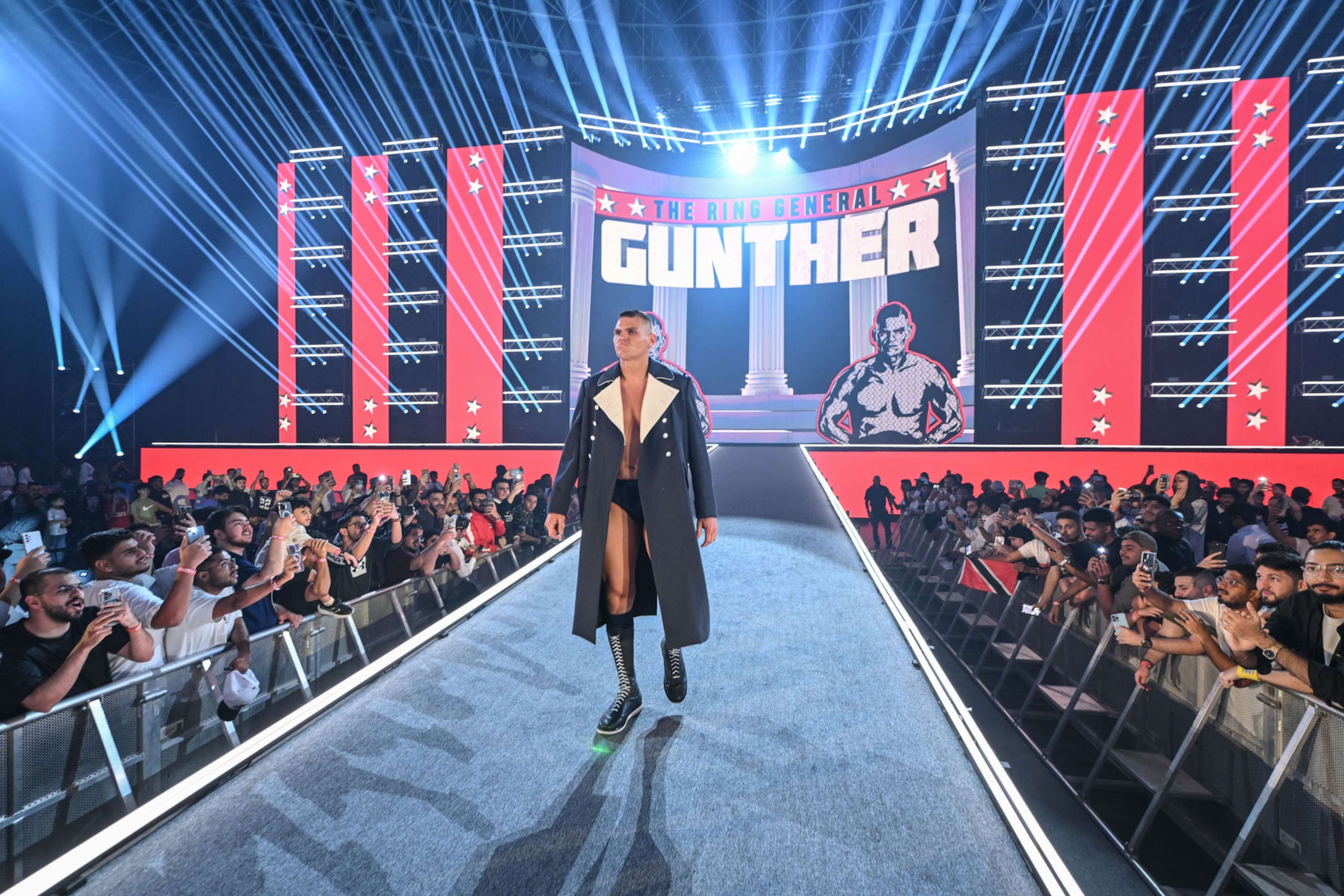 JEDDAH, SAUDI ARABIA - MAY 25: Gunther makes his way to the ring during King and Queen of the Ring at Jeddah Superdome on May 25, 2024 in Jeddah, Saudi Arabia.  (Photo by WWE/Getty Images)