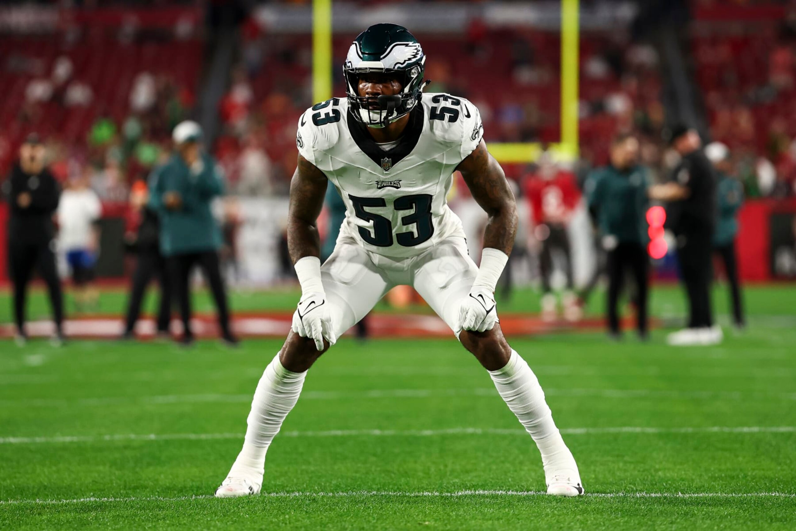 TAMPA, FL - JANUARY 15: Shaquille Leonard #53 of the Philadelphia Eagles warms up prior to an NFL wild-card playoff football game against the Tampa Bay Buccaneers at Raymond James Stadium on January 15, 2024 in Tampa, Florida. (Photo by Kevin Sabitus/Getty Images) TAMPA, FL - JANUARY 15: Shaquille Leonard #53 of the Philadelphia Eagles warms up prior to an NFL wild-card playoff football game against the Tampa Bay Buccaneers at Raymond James Stadium on January 15, 2024 in Tampa, Florida. (Photo by Kevin Sabitus/Getty Images)