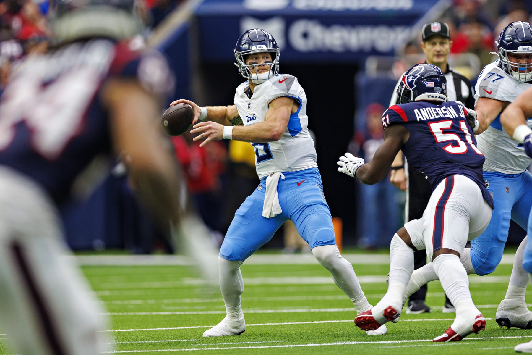 HOUSTON, TEXAS - DECEMBER 31: Will Levis #8 of the Tennessee Titans throws a pass during the game against the Houston Texans at NRG Stadium on December 31, 2023 in Houston, Texas. The Texans defeated the Titans 26-3.  (Photo by Wesley Hitt/Getty Images)