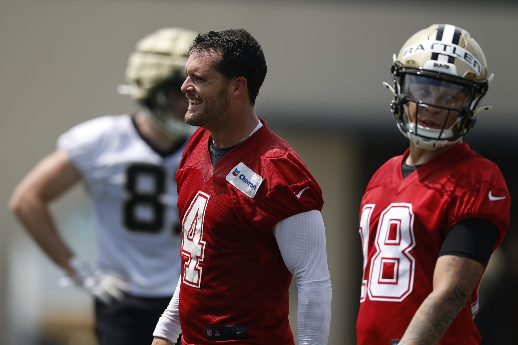 METAIRIE, LOUISIANA - MAY 28: Derek Carr #4 of the New Orleans Saints attends the OTA Offseason Workout at the New Orleans Saints Practice facility on May 28, 2024 in Metairie, Louisiana. (Photo by Chris Graythen/Getty Images)