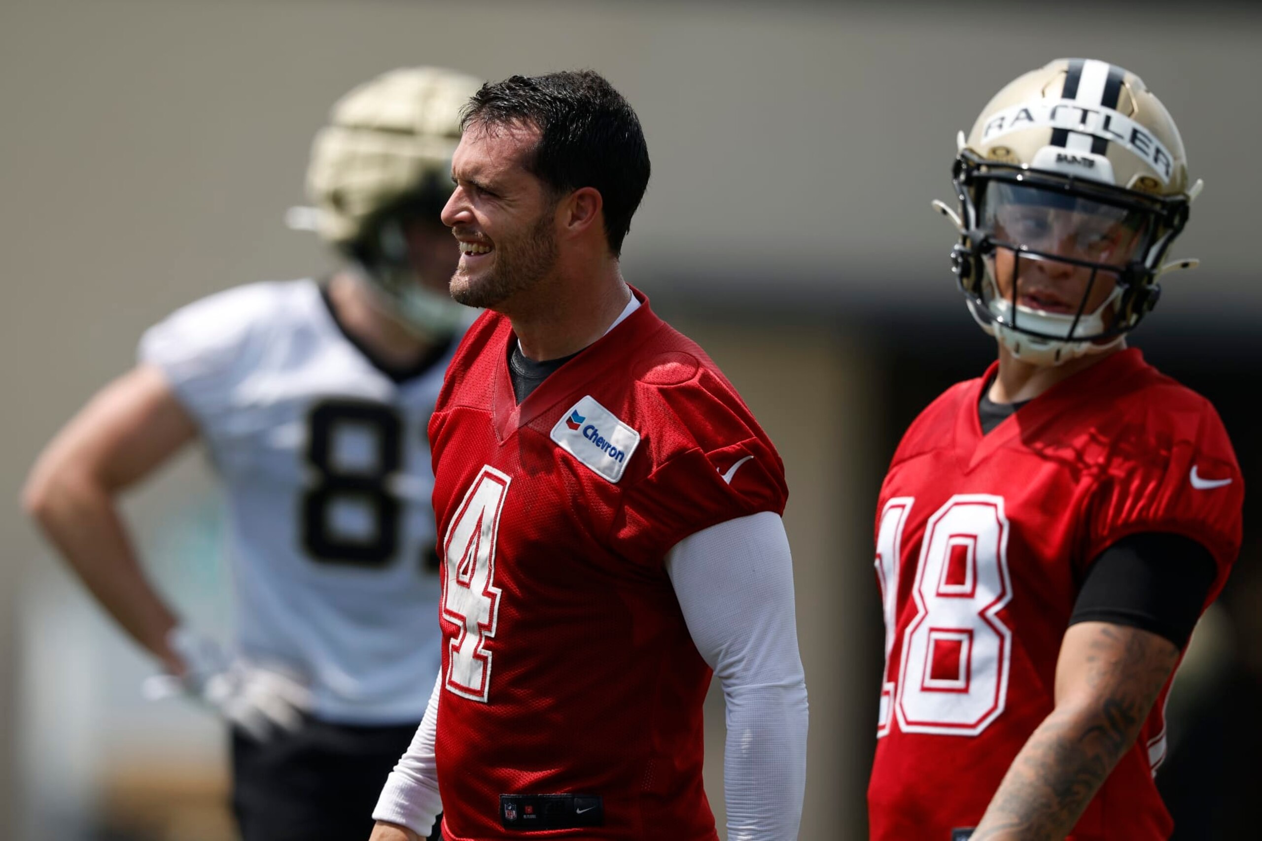 METAIRIE, LOUISIANA - MAY 28: Derek Carr #4 of the New Orleans Saints attends the OTA Offseason Workout at the New Orleans Saints Practice facility on May 28, 2024 in Metairie, Louisiana. (Photo by Chris Graythen/Getty Images)