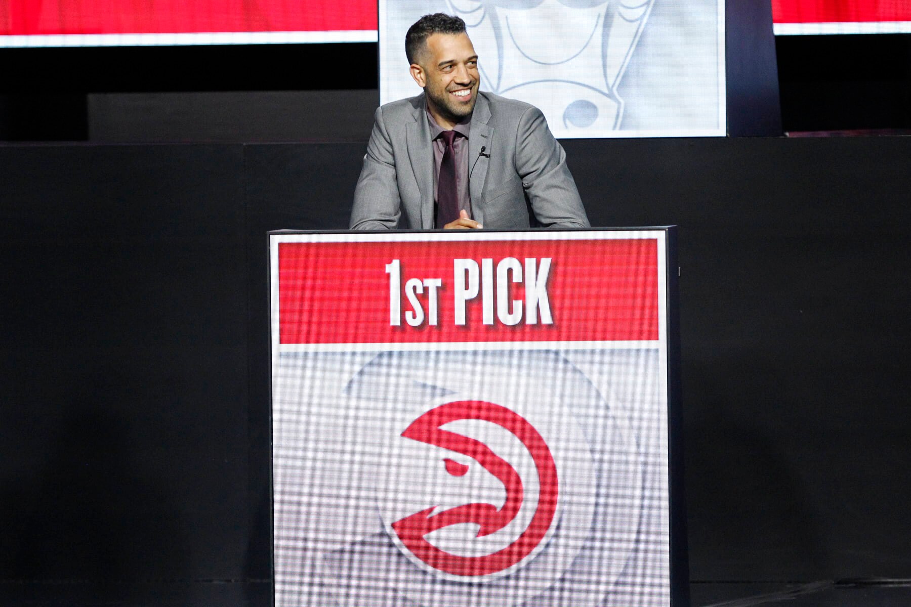 CHICAGO, IL -  MAY 12:  Landry Fields of the Atlanta Hawks smiles after winning the number one overall pick during the 2024 NBA Draft Lottery on May 12, 2024 at the McCormick Convention Center in Chicago, IL. NOTE TO USER: User expressly acknowledges and agrees that, by downloading and or using this photograph, User is consenting to the terms and conditions of the Getty Images License Agreement. Mandatory Copyright Notice: Copyright 2024 NBAE (Photo by Kena Krutsinger/NBAE via Getty Images)