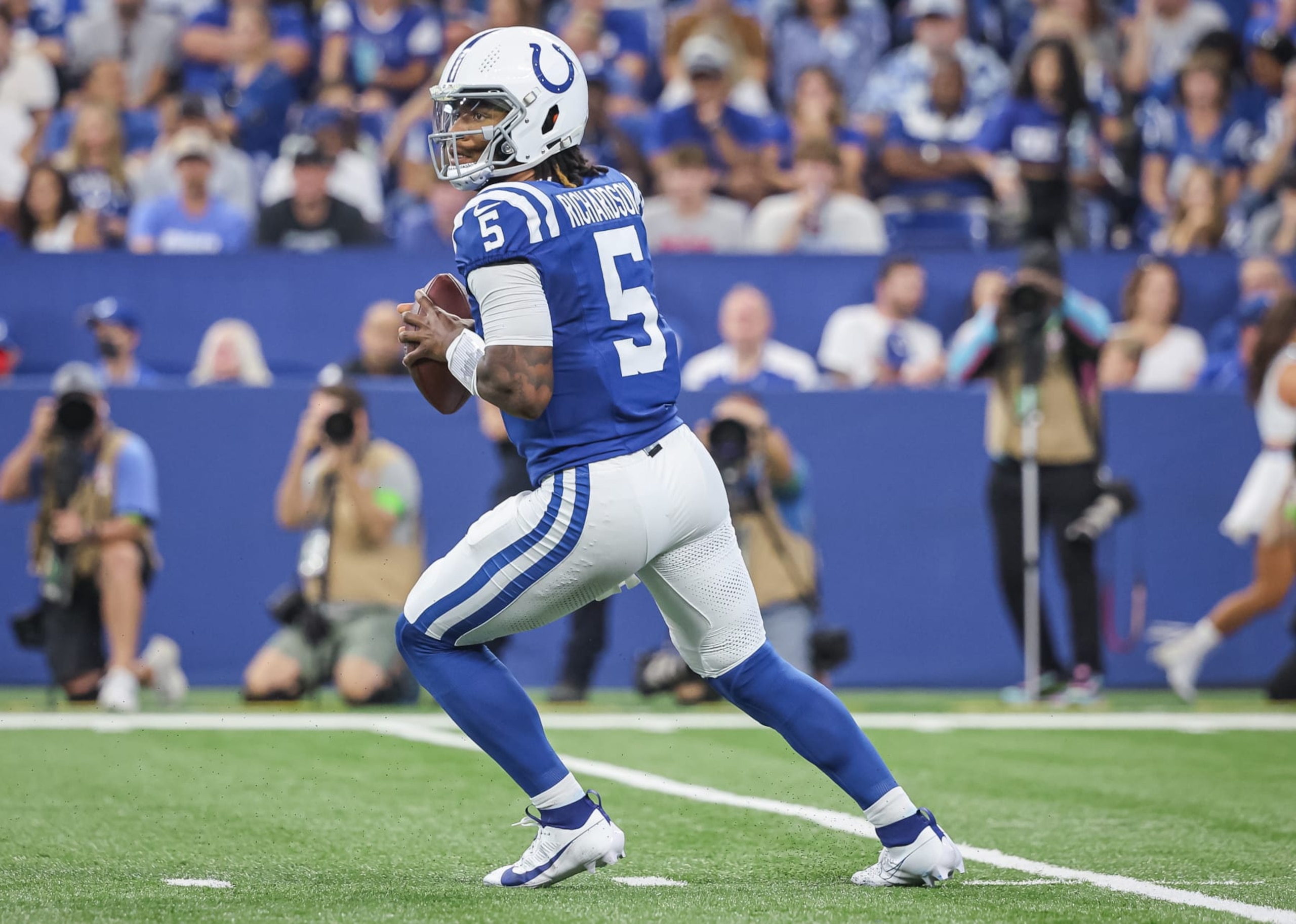 INDIANAPOLIS, INDIANA - OCTOBER 1: Anthony Richardson #5 of the Indianapolis Colts drops back to throw  during the game against the Los Angeles Rams at Lucas Oil Stadium on October 1, 2023 in Indianapolis, Indiana. (Photo by Michael Hickey/Getty Images)