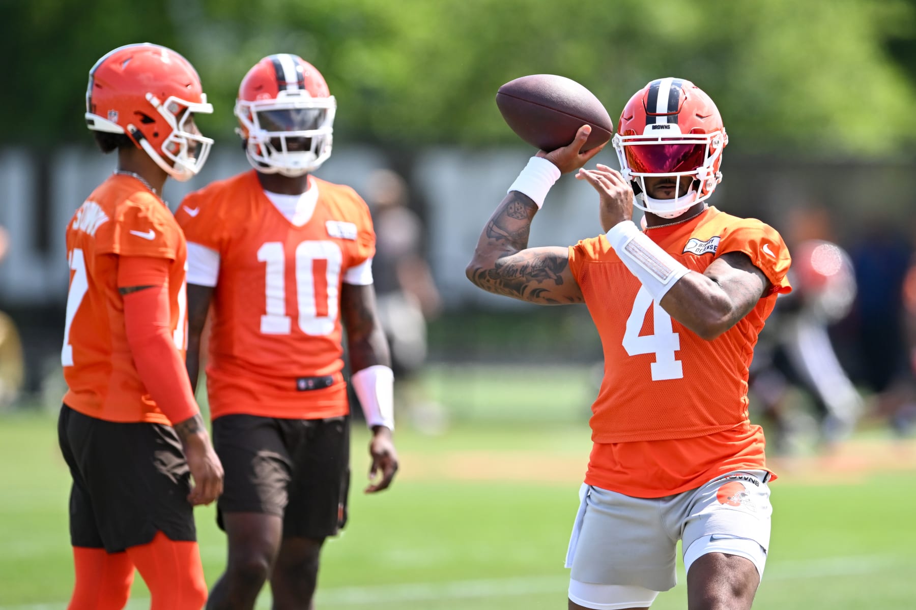 BEREA, OHIO - JUNE 13: Deshaun Watson #4 of the Cleveland Browns throws a pass during a mandatory minicamp workout at their CrossCountry Mortgage Campus on June 13, 2024 in Berea, Ohio. (Photo by Nick Cammett/Getty Images)