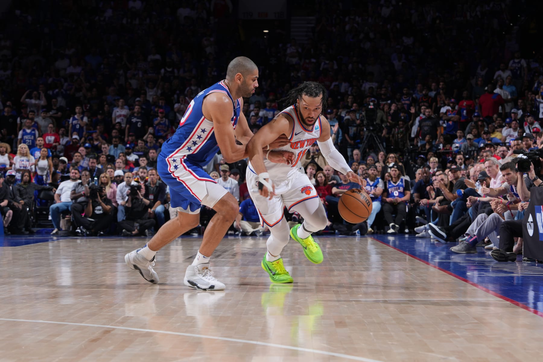 PHILADELPHIA, PA - MAY 2: Jalen Brunson #11 of the New York Knicks dribbles the ball during the game against the Philadelphia 76ers during Round 1 Game 6 of the 2024 NBA Playoffs on May 2, 2024 at the Wells Fargo Center in Philadelphia, Pennsylvania NOTE TO USER: User expressly acknowledges and agrees that, by downloading and/or using this Photograph, user is consenting to the terms and conditions of the Getty Images License Agreement. Mandatory Copyright Notice: Copyright 2024 NBAE (Photo by Jesse D. Garrabrant/NBAE via Getty Images)