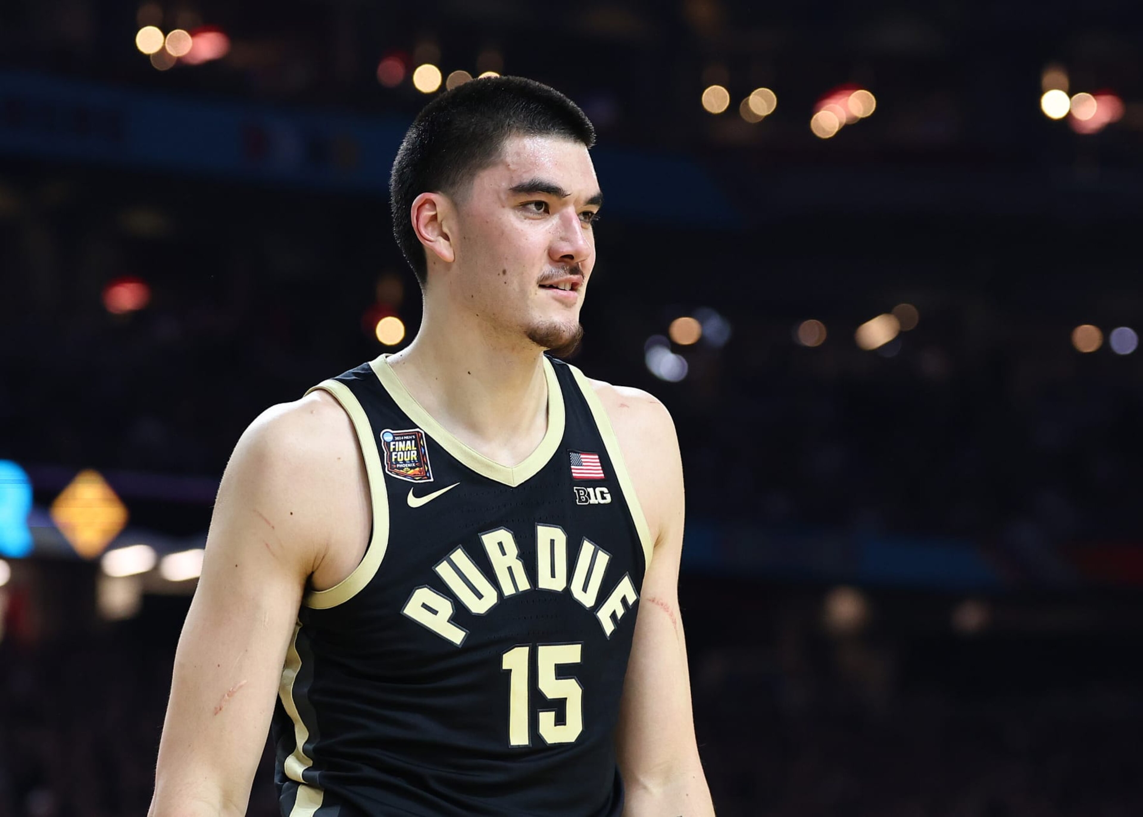 GLENDALE, ARIZONA - APRIL 08: Zach Edey #15 of the Purdue Boilermakers looks on during the first half in the NCAA Men's Basketball Tournament National Championship game at State Farm Stadium on April 08, 2024 in Glendale, Arizona. (Photo by Jamie Schwaberow/NCAA Photos via Getty Images) GLENDALE, ARIZONA - APRIL 08: Zach Edey #15 of the Purdue Boilermakers looks on during the first half in the NCAA Men's Basketball Tournament National Championship game at State Farm Stadium on April 08, 2024 in Glendale, Arizona. (Photo by Jamie Schwaberow/NCAA Photos via Getty Images)