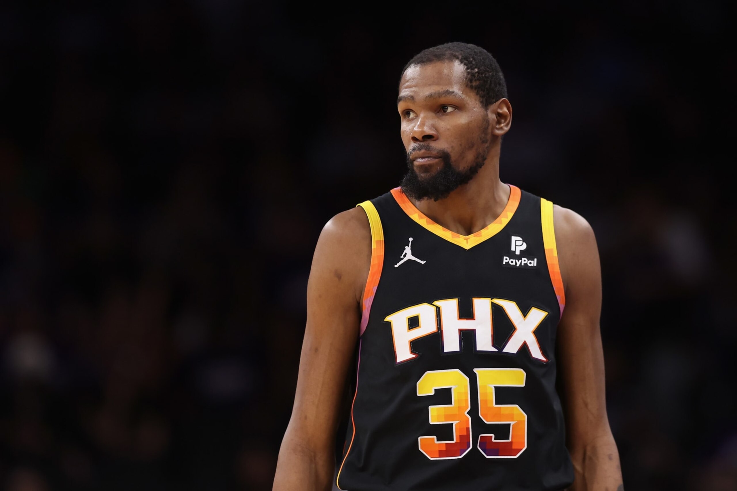 PHOENIX, ARIZONA - APRIL 28: Kevin Durant #35 of the Phoenix Suns reacts during the second half of game four of the Western Conference First Round Playoffs at Footprint Center on April 28, 2024 in Phoenix, Arizona. The Timberwolves defeated the Suns 122-116 and win the series 4-0.  NOTE TO USER: User expressly acknowledges and agrees that, by downloading and or using this photograph, User is consenting to the terms and conditions of the Getty Images License Agreement.  (Photo by Christian Petersen/Getty Images)