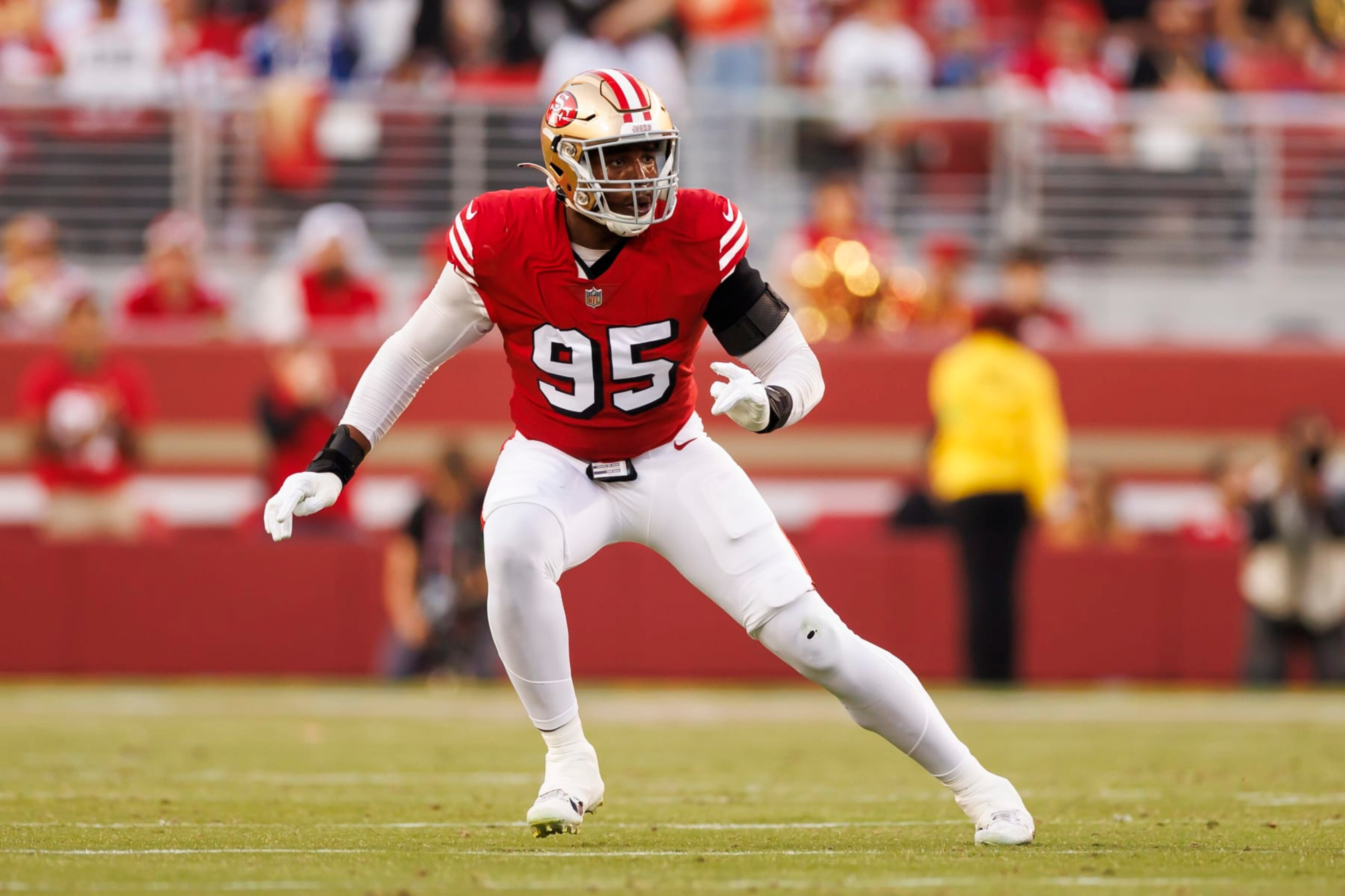 SANTA CLARA, CALIFORNIA - SEPTEMBER 21: Drake Jackson #95 of the San Francisco 49ers runs around the edge during an NFL football game against the New York Giants at Levi's Stadium on September 21, 2023 in Santa Clara, California. (Photo by Ryan Kang/Getty Images) SANTA CLARA, CALIFORNIA - SEPTEMBER 21: Drake Jackson #95 of the San Francisco 49ers runs around the edge during an NFL football game against the New York Giants at Levi's Stadium on September 21, 2023 in Santa Clara, California. (Photo by Ryan Kang/Getty Images)