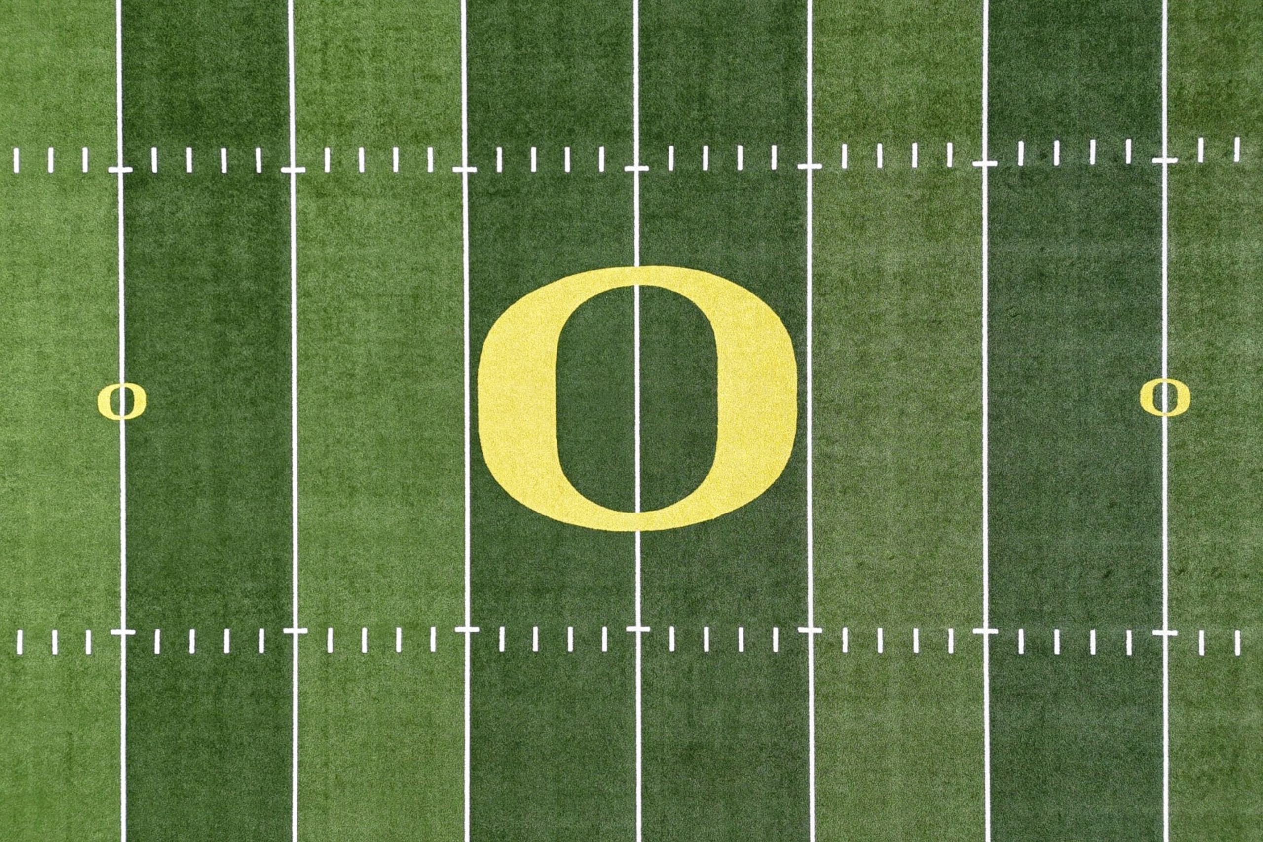 EUGENE, OREGON - JUNE 9: The Oregon Ducks logo on the Autzen Stadium football field on the campus of the University of Oregon on June 9, 2024 in Eugene, Oregon (Photo by Kirby Lee/Getty Images)