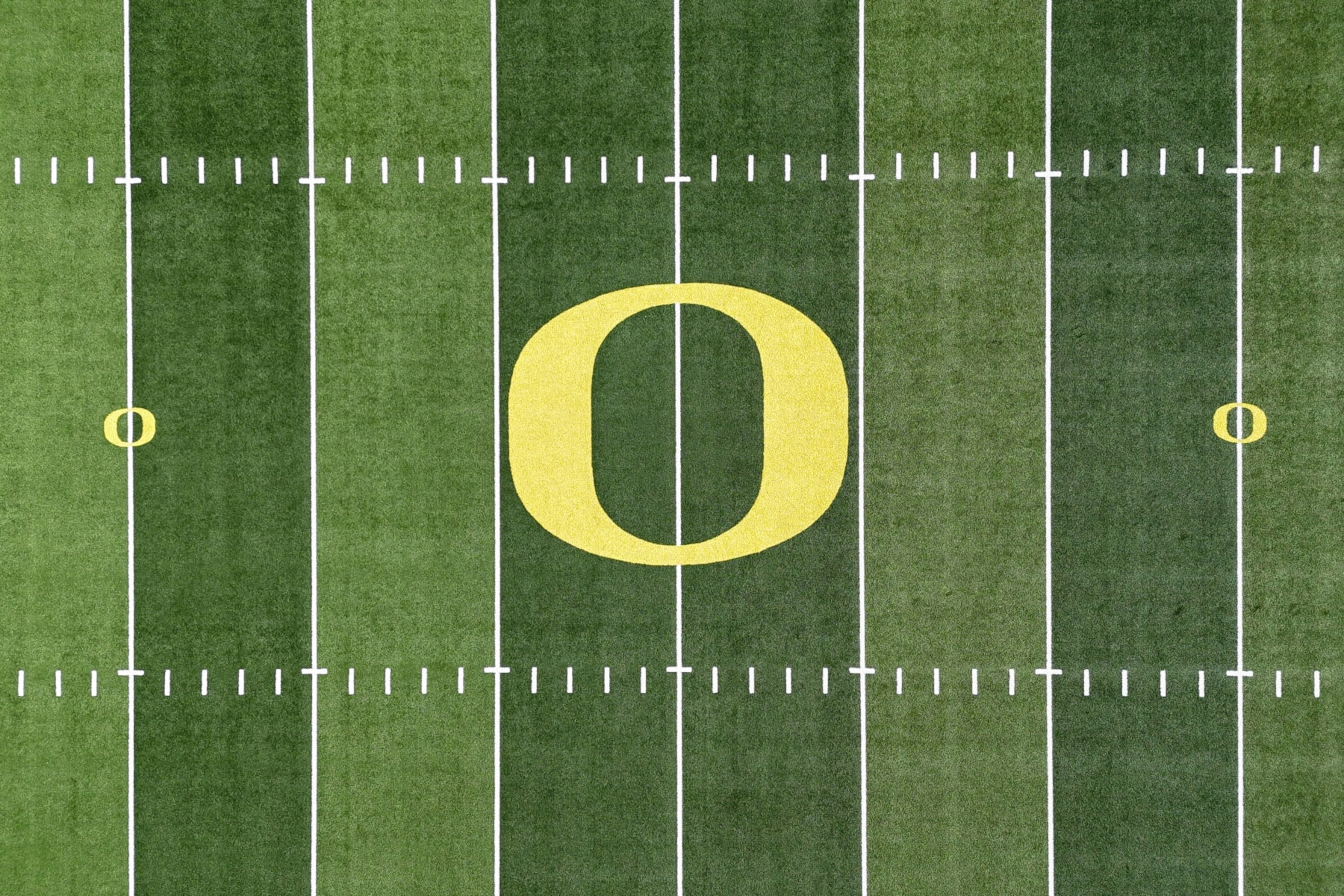 EUGENE, OREGON - JUNE 9: The Oregon Ducks logo on the Autzen Stadium football field on the campus of the University of Oregon on June 9, 2024 in Eugene, Oregon (Photo by Kirby Lee/Getty Images)