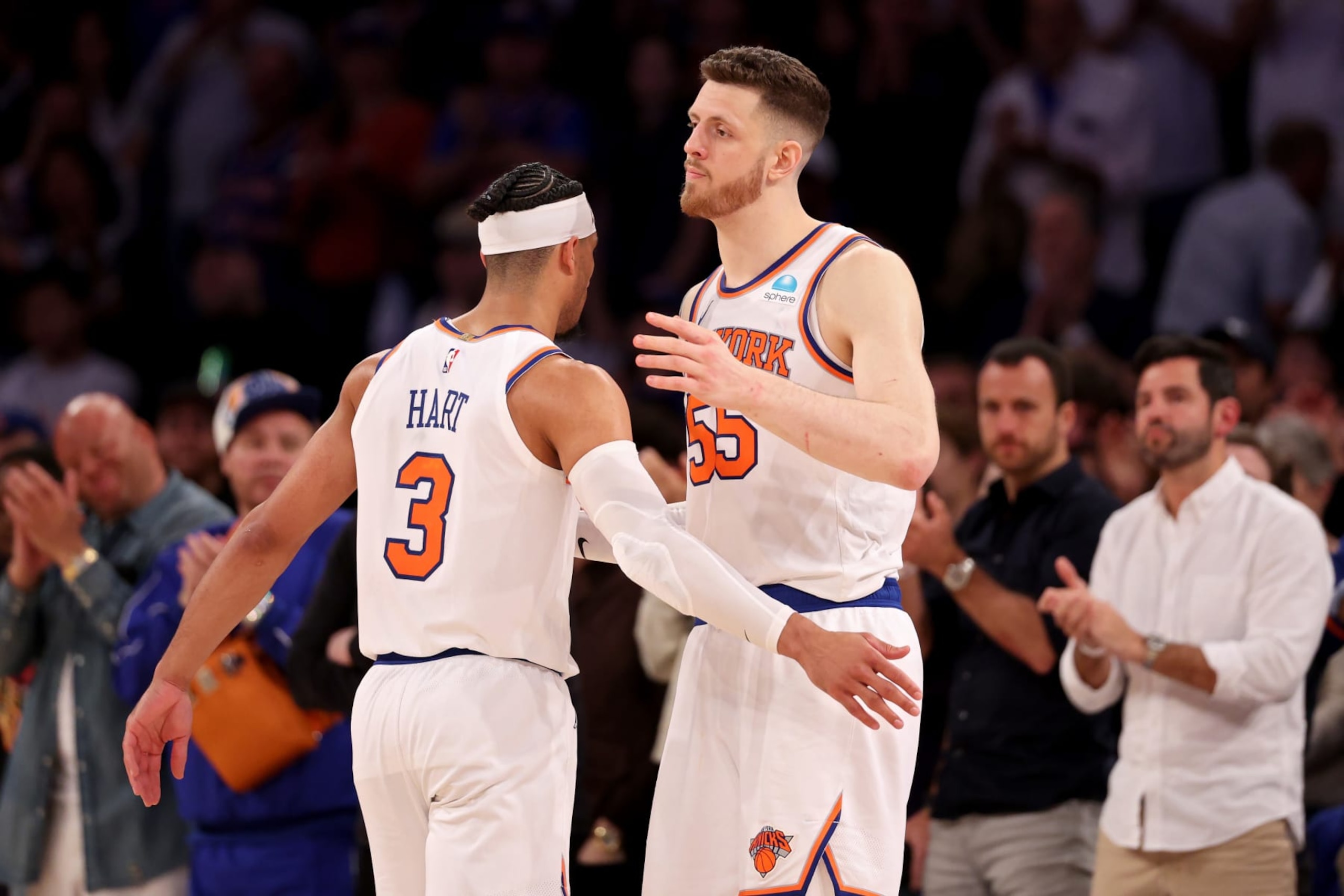NEW YORK, NEW YORK - MAY 19: Josh Hart #3 and Isaiah Hartenstein #55 of the New York Knicks meet in the fourth quarter against the Indiana Pacers in Game Seven of the Eastern Conference Second Round Playoffs at Madison Square Garden on May 19, 2024 in New York City. NOTE TO USER: User expressly acknowledges and agrees that, by downloading and or using this photograph, User is consenting to the terms and conditions of the Getty Images License Agreement. (Photo by Elsa/Getty Images) NEW YORK, NEW YORK - MAY 19: Josh Hart #3 and Isaiah Hartenstein #55 of the New York Knicks meet in the fourth quarter against the Indiana Pacers in Game Seven of the Eastern Conference Second Round Playoffs at Madison Square Garden on May 19, 2024 in New York City. NOTE TO USER: User expressly acknowledges and agrees that, by downloading and or using this photograph, User is consenting to the terms and conditions of the Getty Images License Agreement. (Photo by Elsa/Getty Images)