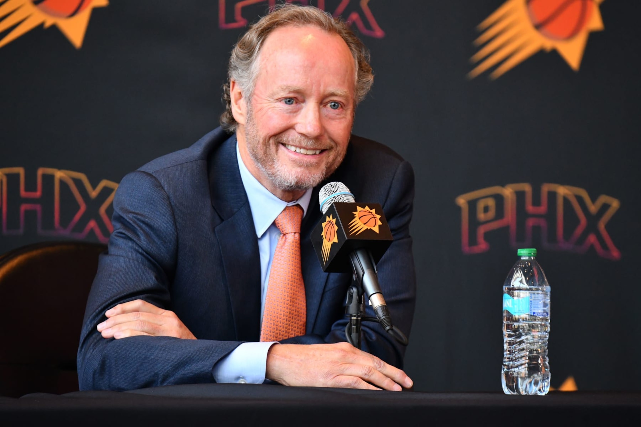 PHOENIX, AZ - MAY 17: New head coach Mike Budenholzer of the Phoenix Suns talks to the media during his introductory press conference on May 17, 2024, at the Footprint Center in Phoenix, Arizona. NOTE TO USER: User expressly acknowledges and agrees that, by downloading and or using this Photograph, user is consenting to the terms and conditions of the Getty Images License Agreement. Mandatory Copyright Notice: Copyright 2024 NBAE (Photo by Barry Gossage / NBAE via Getty Images)