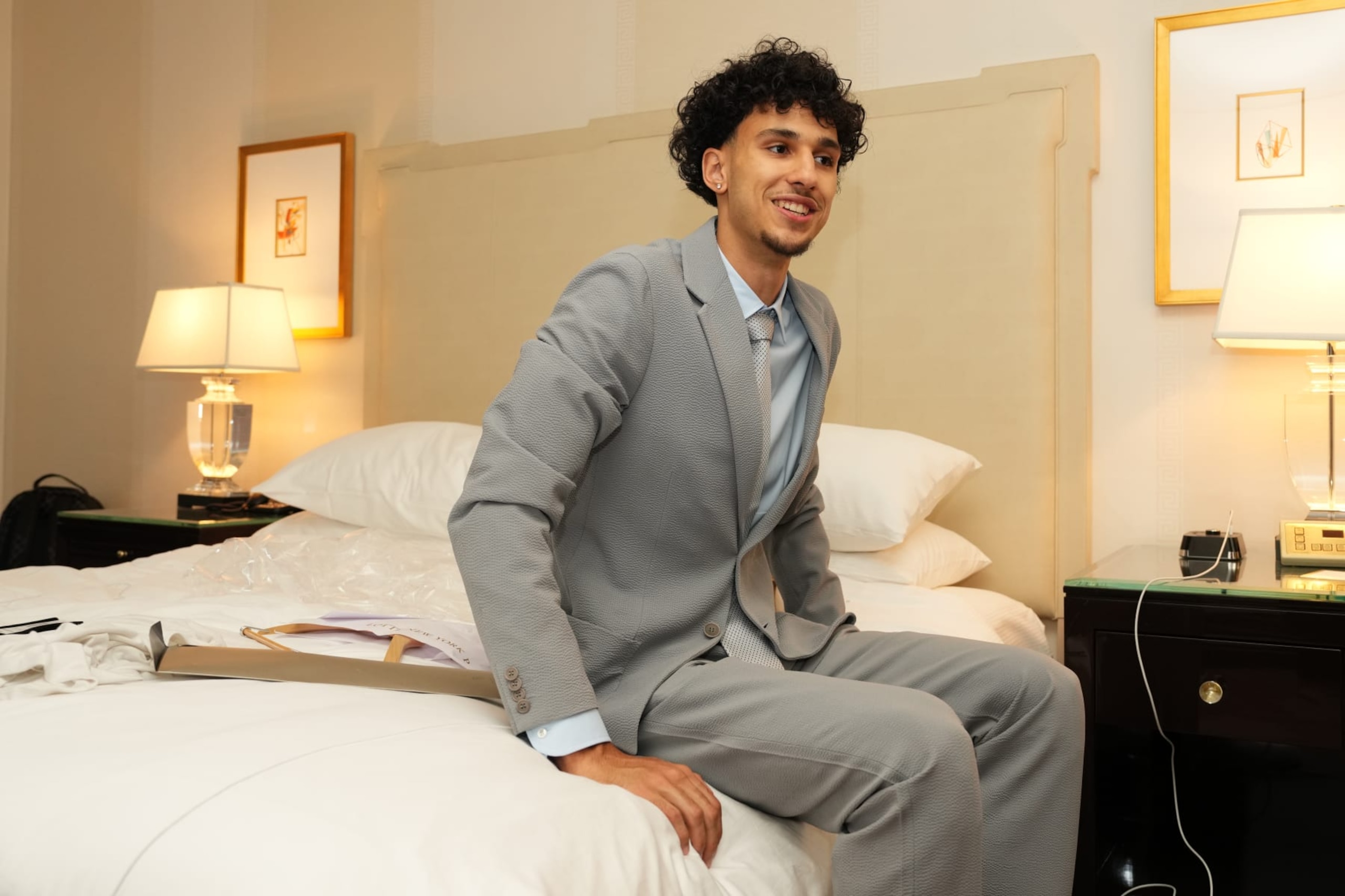 BROOKLYN, NY - JUNE 26: Zaccharie Risacher smiles before the 2024 NBA Draft - Round One on June 26, 2024 at Barclays Center in Brooklyn, New York. NOTE TO USER: User expressly acknowledges and agrees that, by downloading and or using this photograph, User is consenting to the terms and conditions of the Getty Images License Agreement. Mandatory Copyright Notice: Copyright 2024 NBAE (Photo by Evan Yu/NBAE via Getty Images)