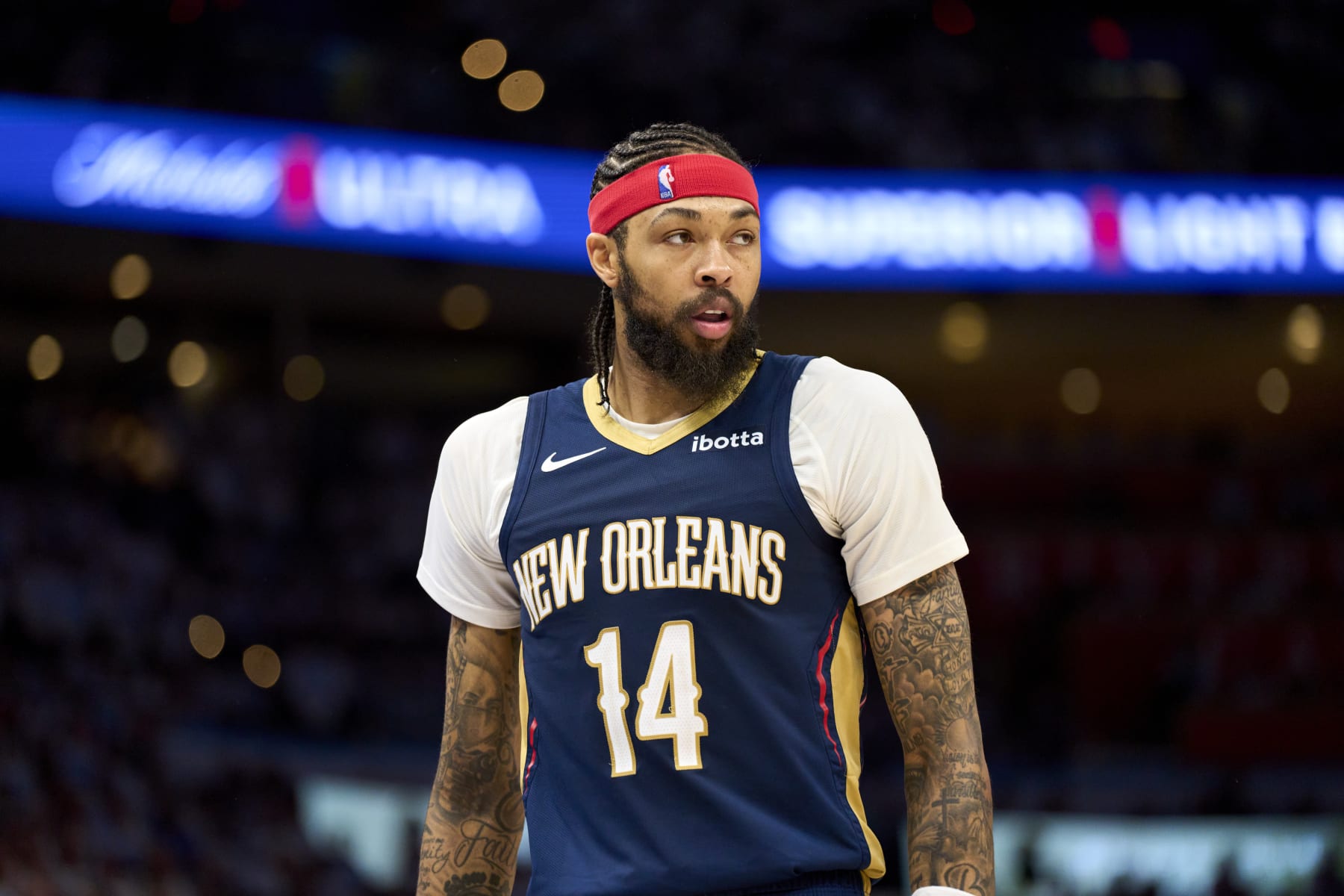 OKLAHOMA CITY, OKLAHOMA - APRIL 21: Brandon Ingram #14 of the New Orleans Pelicans looks on against the Oklahoma City Thunder in game one of the Western Conference First Round Playoffs at the Paycom Center on April 21, 2024 in Oklahoma City, Oklahoma. NOTE TO USER: User expressly acknowledges and agrees that, by downloading and or using this photograph, User is consenting to the terms and conditions of the Getty Images License Agreement.  (Photo by Cooper Neill/Getty Images)