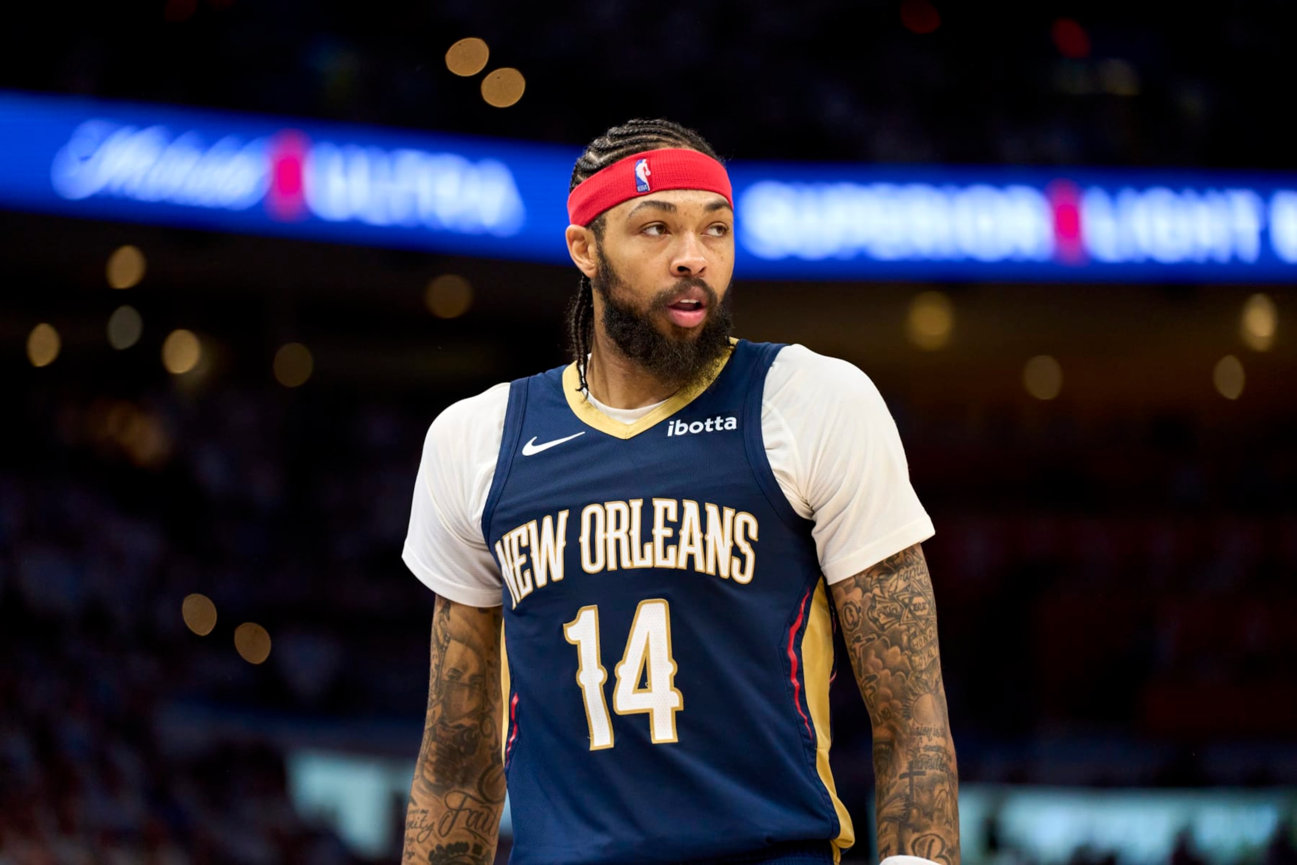 OKLAHOMA CITY, OKLAHOMA - APRIL 21: Brandon Ingram #14 of the New Orleans Pelicans looks on against the Oklahoma City Thunder in game one of the Western Conference First Round Playoffs at the Paycom Center on April 21, 2024 in Oklahoma City, Oklahoma. NOTE TO USER: User expressly acknowledges and agrees that, by downloading and or using this photograph, User is consenting to the terms and conditions of the Getty Images License Agreement.  (Photo by Cooper Neill/Getty Images)