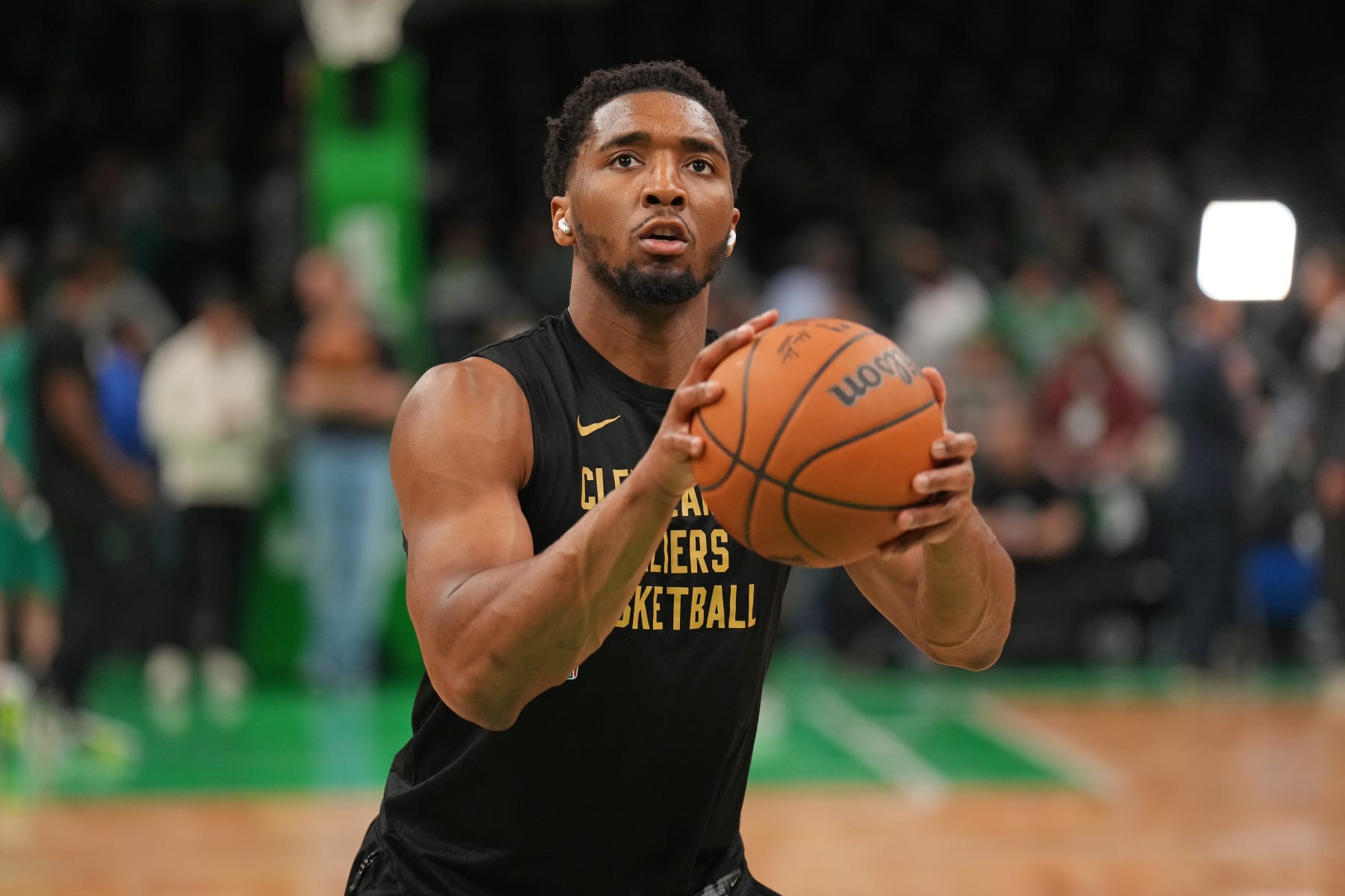BOSTON, MA - MAY 7: Donovan Mitchell #45 of the Cleveland Cavaliers warms up before the game against the Boston Celtics during Round 2 Game 1 of the 2024 NBA Playoffs on May 7, 2024 at the TD Garden in Boston, Massachusetts. NOTE TO USER: User expressly acknowledges and agrees that, by downloading and or using this photograph, User is consenting to the terms and conditions of the Getty Images License Agreement. Mandatory Copyright Notice: Copyright 2024 NBAE  (Photo by Jesse D. Garrabrant/NBAE via Getty Images)