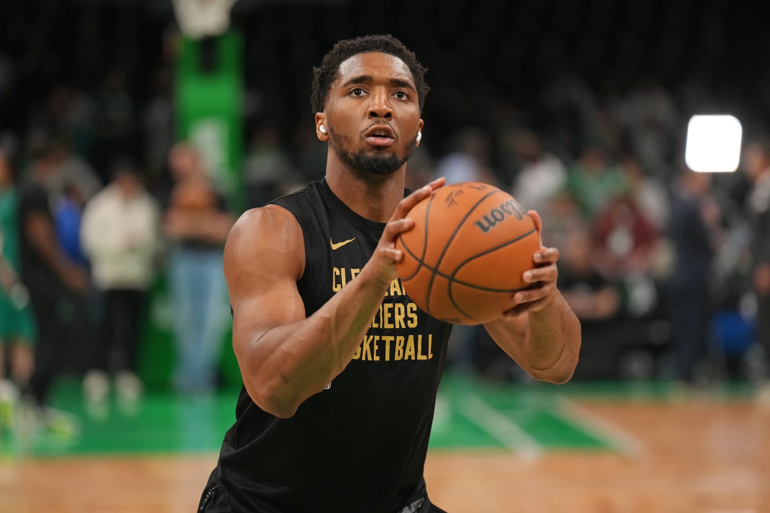 BOSTON, MA - MAY 7: Donovan Mitchell #45 of the Cleveland Cavaliers warms up before the game against the Boston Celtics during Round 2 Game 1 of the 2024 NBA Playoffs on May 7, 2024 at the TD Garden in Boston, Massachusetts. NOTE TO USER: User expressly acknowledges and agrees that, by downloading and or using this photograph, User is consenting to the terms and conditions of the Getty Images License Agreement. Mandatory Copyright Notice: Copyright 2024 NBAE (Photo by Jesse D. Garrabrant/NBAE via Getty Images) BOSTON, MA - MAY 7: Donovan Mitchell #45 of the Cleveland Cavaliers warms up before the game against the Boston Celtics during Round 2 Game 1 of the 2024 NBA Playoffs on May 7, 2024 at the TD Garden in Boston, Massachusetts. NOTE TO USER: User expressly acknowledges and agrees that, by downloading and or using this photograph, User is consenting to the terms and conditions of the Getty Images License Agreement. Mandatory Copyright Notice: Copyright 2024 NBAE (Photo by Jesse D. Garrabrant/NBAE via Getty Images)