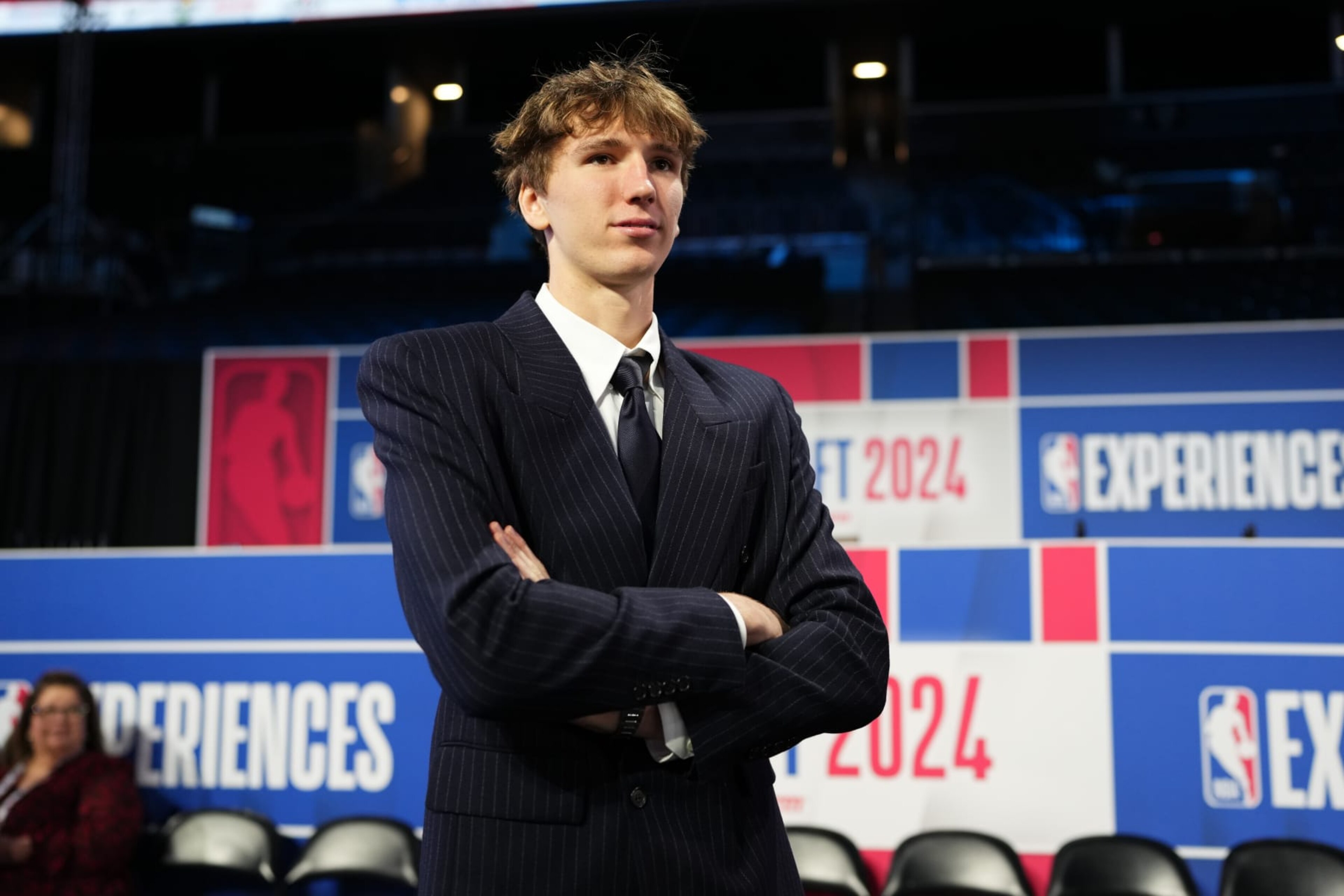 BROOKLYN, NY - JUNE 26: Matas Buzelis smiles during the 2024 NBA Draft - Round One on June 26, 2024 at Barclays Center in Brooklyn, New York. NOTE TO USER: User expressly acknowledges and agrees that, by downloading and or using this photograph, User is consenting to the terms and conditions of the Getty Images License Agreement. Mandatory Copyright Notice: Copyright 2024 NBAE (Photo by Evan Yu/NBAE via Getty Images) BROOKLYN, NY - JUNE 26: Matas Buzelis smiles during the 2024 NBA Draft - Round One on June 26, 2024 at Barclays Center in Brooklyn, New York. NOTE TO USER: User expressly acknowledges and agrees that, by downloading and or using this photograph, User is consenting to the terms and conditions of the Getty Images License Agreement. Mandatory Copyright Notice: Copyright 2024 NBAE (Photo by Evan Yu/NBAE via Getty Images)