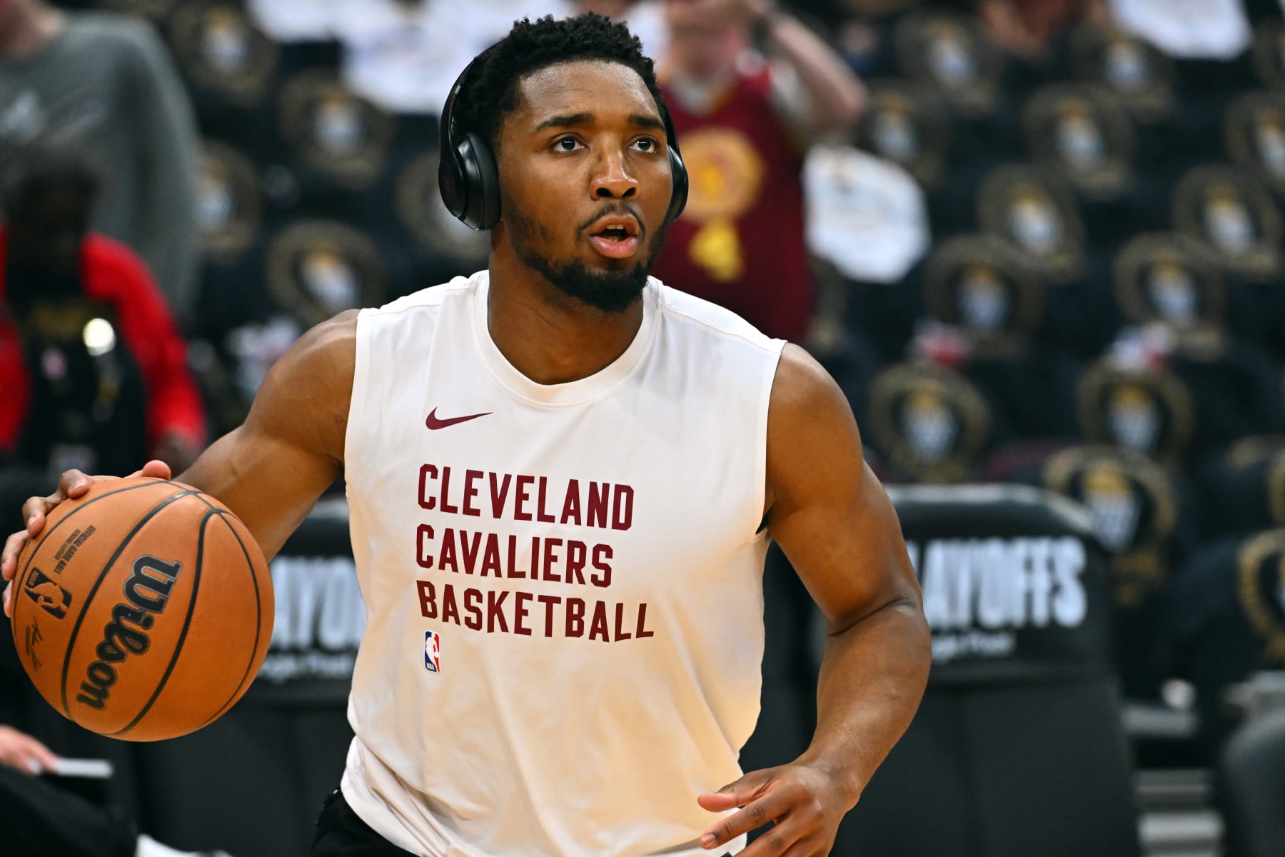 CLEVELAND, OHIO - APRIL 30: Donovan Mitchell #45 of the Cleveland Cavaliers warms up prior to game five of the Eastern Conference First Round Playoffs against the Orlando Magic at Rocket Mortgage Fieldhouse on April 30, 2024 in Cleveland, Ohio. NOTE TO USER: User expressly acknowledges and agrees that, by downloading and or using this photograph, User is consenting to the terms and conditions of the Getty Images License Agreement.  (Photo by Jason Miller/Getty Images)