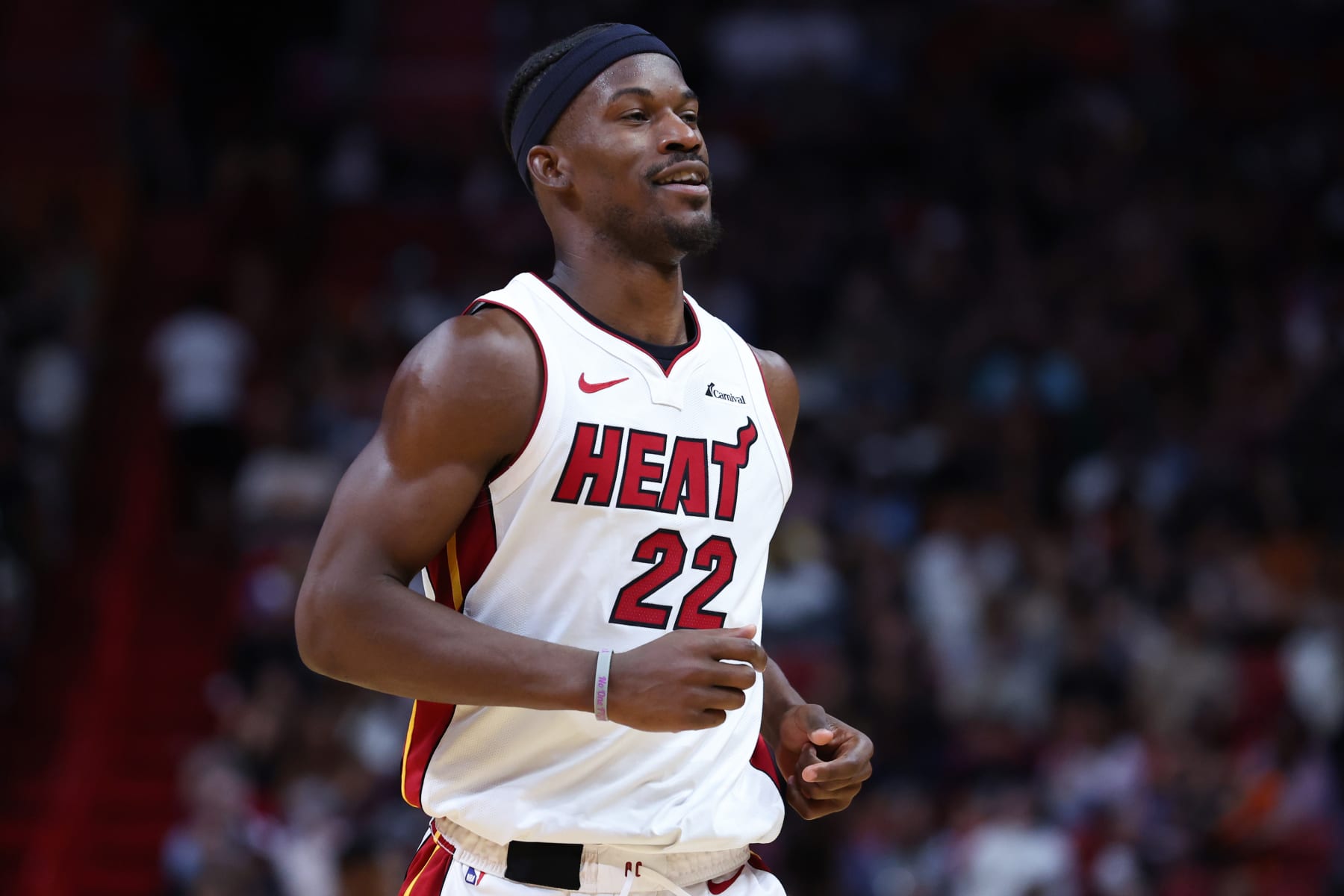 MIAMI, FLORIDA - APRIL 12: Jimmy Butler #22 of the Miami Heat looks on against the Toronto Raptors during the fourth quarter of the game at Kaseya Center on April 12, 2024 in Miami, Florida. NOTE TO USER: User expressly acknowledges and agrees that, by downloading and or using this photograph, User is consenting to the terms and conditions of the Getty Images License Agreement. (Photo by Megan Briggs/Getty Images)