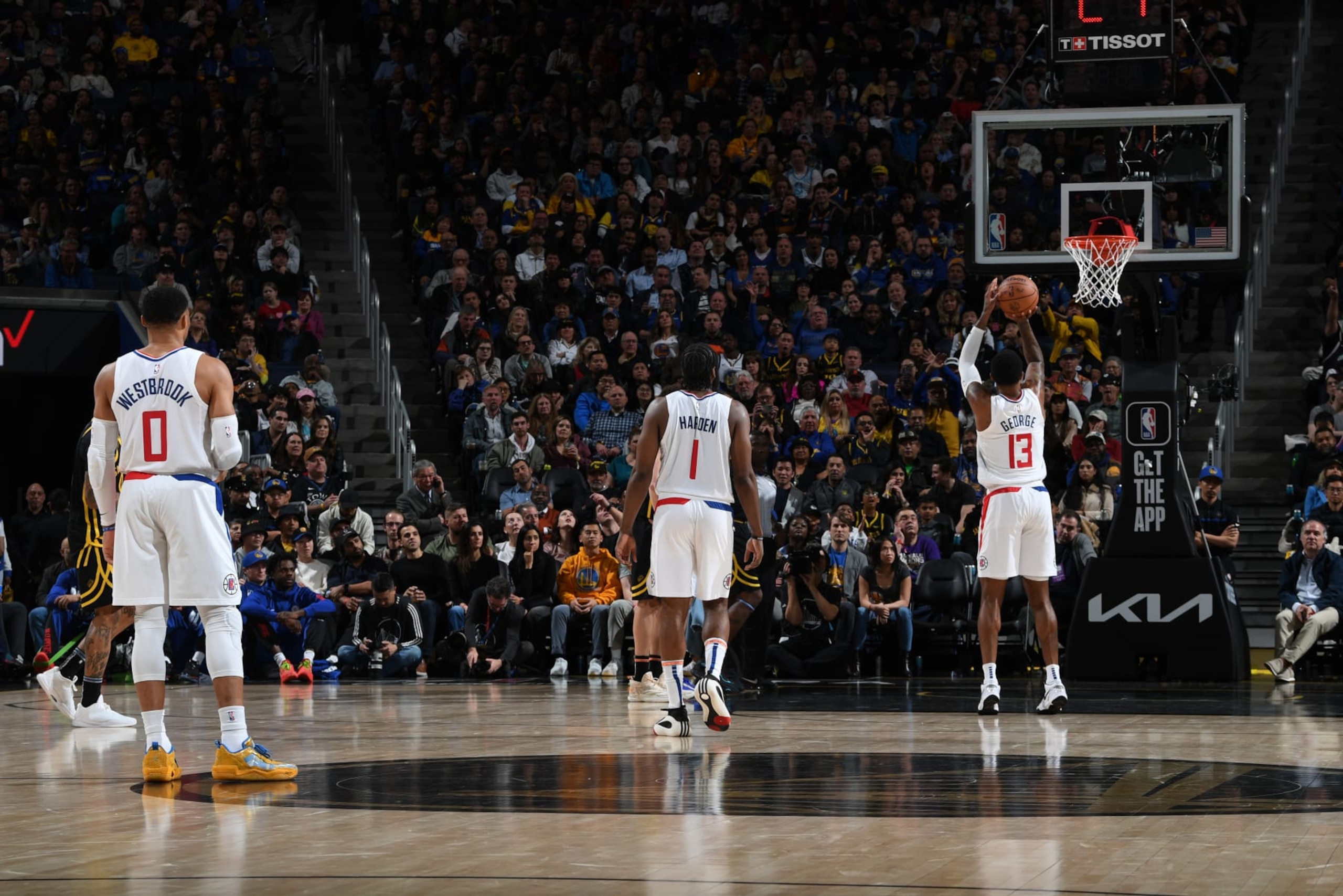 SAN FRANCISCO, CA - FEBRUARY 14: Paul George #13 of the LA Clippers shoots a free throw during the game against the Golden State Warriors on FEBRUARY 14, 2024 at Chase Center in San Francisco, California. NOTE TO USER: User expressly acknowledges and agrees that, by downloading and or using this photograph, user is consenting to the terms and conditions of Getty Images License Agreement. Mandatory Copyright Notice: Copyright 2024 NBAE (Photo by Noah Graham/NBAE via Getty Images)