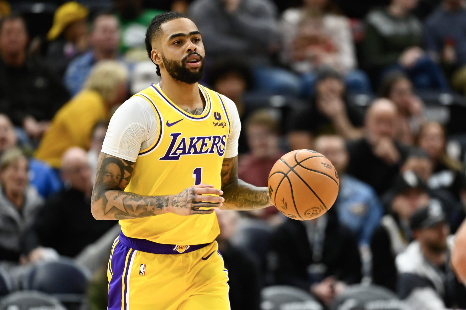 SALT LAKE CITY, UTAH - FEBRUARY 14: D'Angelo Russell #1 of the Los Angeles Lakers in action during the first half of a game against the Utah Jazz at Delta Center on February 14, 2024 in Salt Lake City, Utah. NOTE TO USER: User expressly acknowledges and agrees that, by downloading and or using this photograph, User is consenting to the terms and conditions of the Getty Images License Agreement. (Photo by Alex Goodlett/Getty Images)