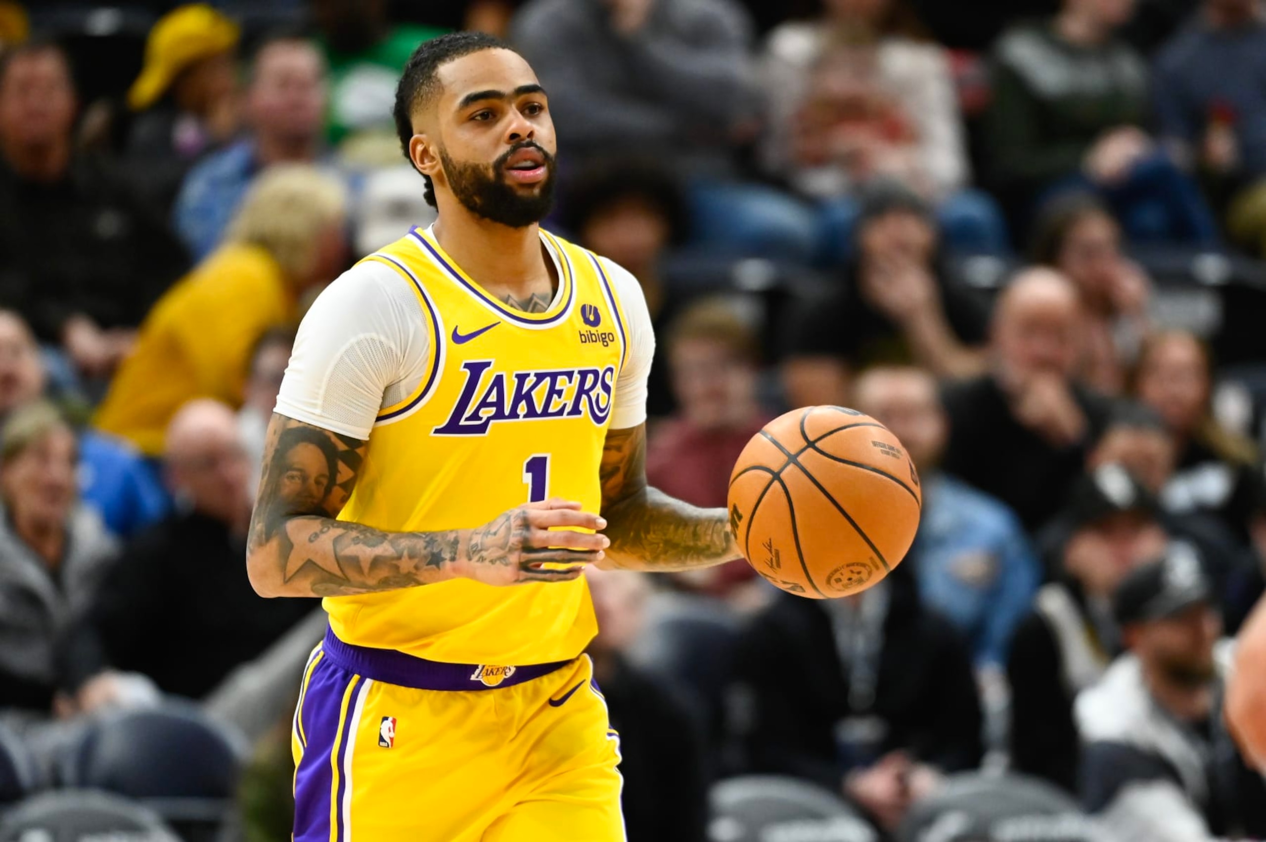 SALT LAKE CITY, UTAH - FEBRUARY 14: D'Angelo Russell #1 of the Los Angeles Lakers in action during the first half of a game against the Utah Jazz at Delta Center on February 14, 2024 in Salt Lake City, Utah. NOTE TO USER: User expressly acknowledges and agrees that, by downloading and or using this photograph, User is consenting to the terms and conditions of the Getty Images License Agreement. (Photo by Alex Goodlett/Getty Images)