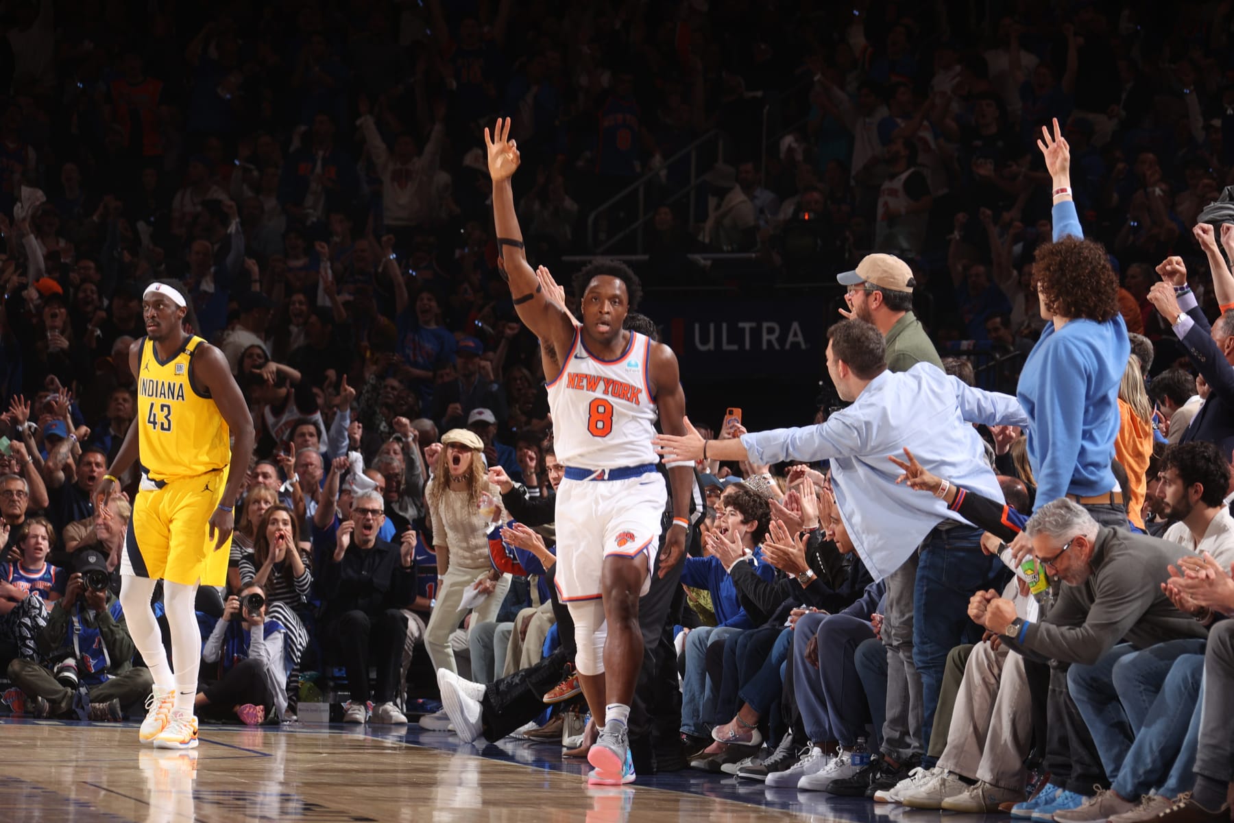 NEW YORK, NY - MAY 6: OG Anunoby #8 of the New York Knicks celebrates during the game against the Indiana Pacers during Round 2 Game 1 of the 2024 NBA Playoffs on May 6, 2024 at Madison Square Garden in New York City, New York.  NOTE TO USER: User expressly acknowledges and agrees that, by downloading and or using this photograph, User is consenting to the terms and conditions of the Getty Images License Agreement. Mandatory Copyright Notice: Copyright 2024 NBAE  (Photo by Nathaniel S. Butler/NBAE via Getty Images)