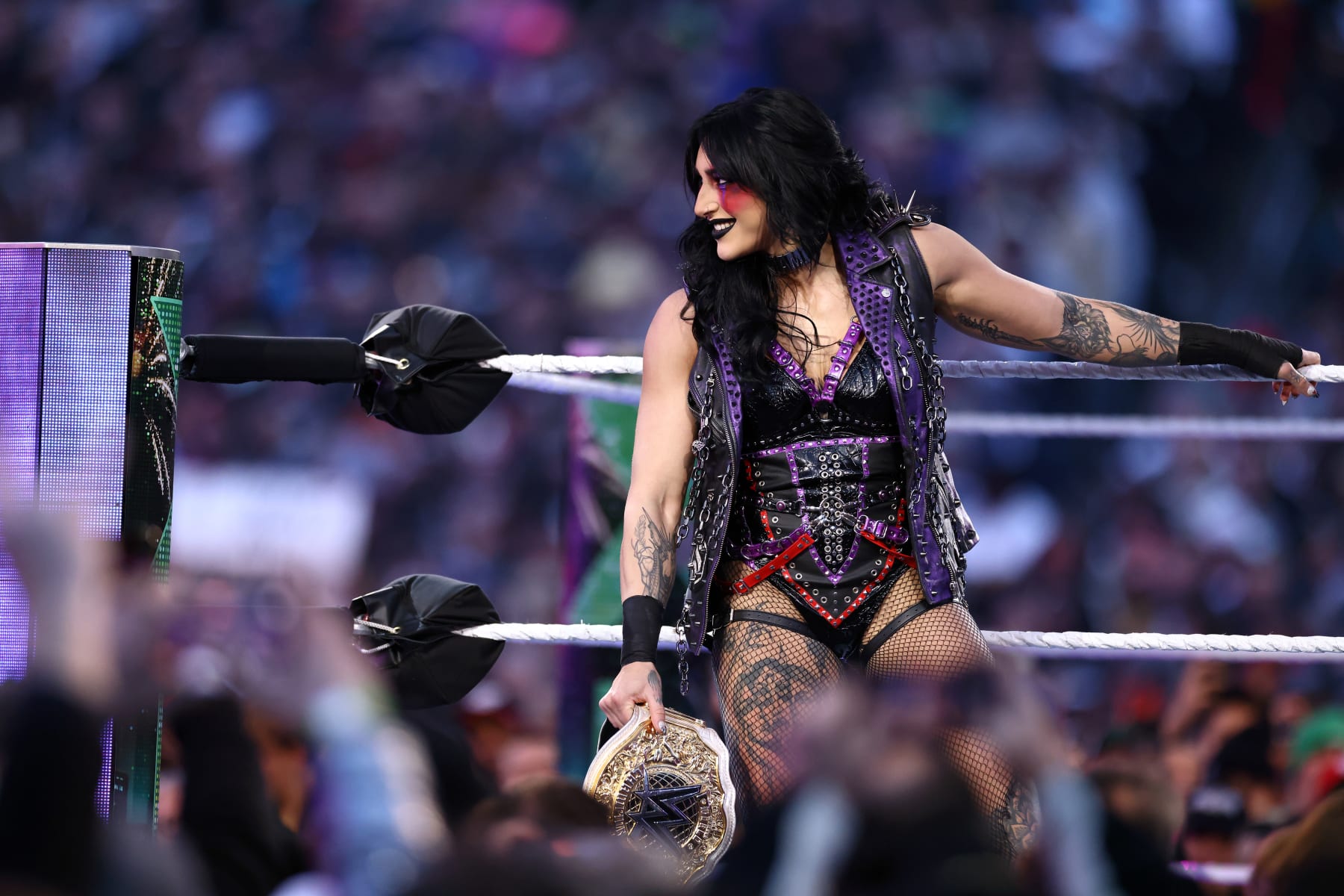 PHILADELPHIA, PENNSYLVANIA - APRIL 06: Randy Orton is introduced before a fight with Logan Paul and Kevin Owens during WrestleMania 40 Night Two at Lincoln Financial Field on April 07, 2024 in Philadelphia, Pennsylvania.  (Photo by Tim Nwachukwu/Getty Images)