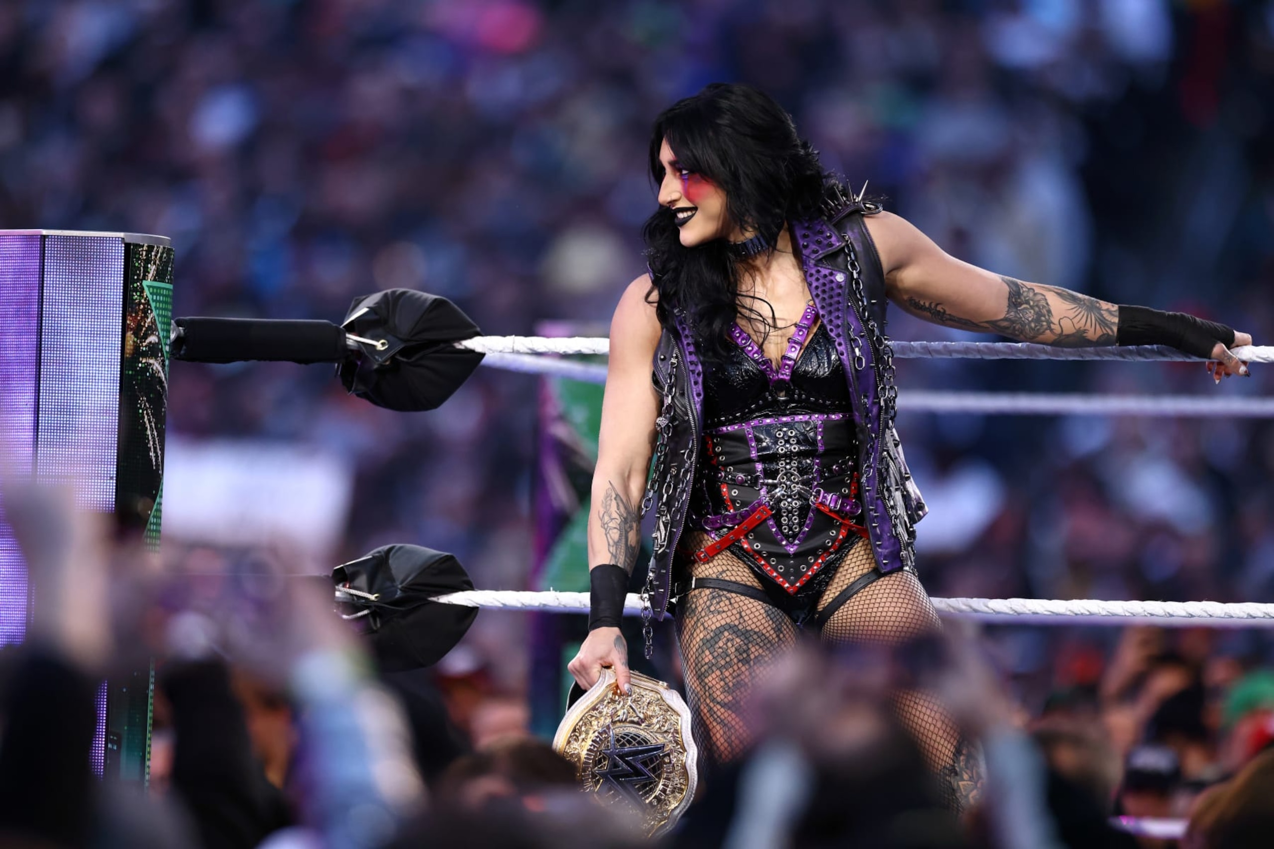 PHILADELPHIA, PENNSYLVANIA - APRIL 06: Randy Orton is introduced before a fight with Logan Paul and Kevin Owens during WrestleMania 40 Night Two at Lincoln Financial Field on April 07, 2024 in Philadelphia, Pennsylvania.  (Photo by Tim Nwachukwu/Getty Images)