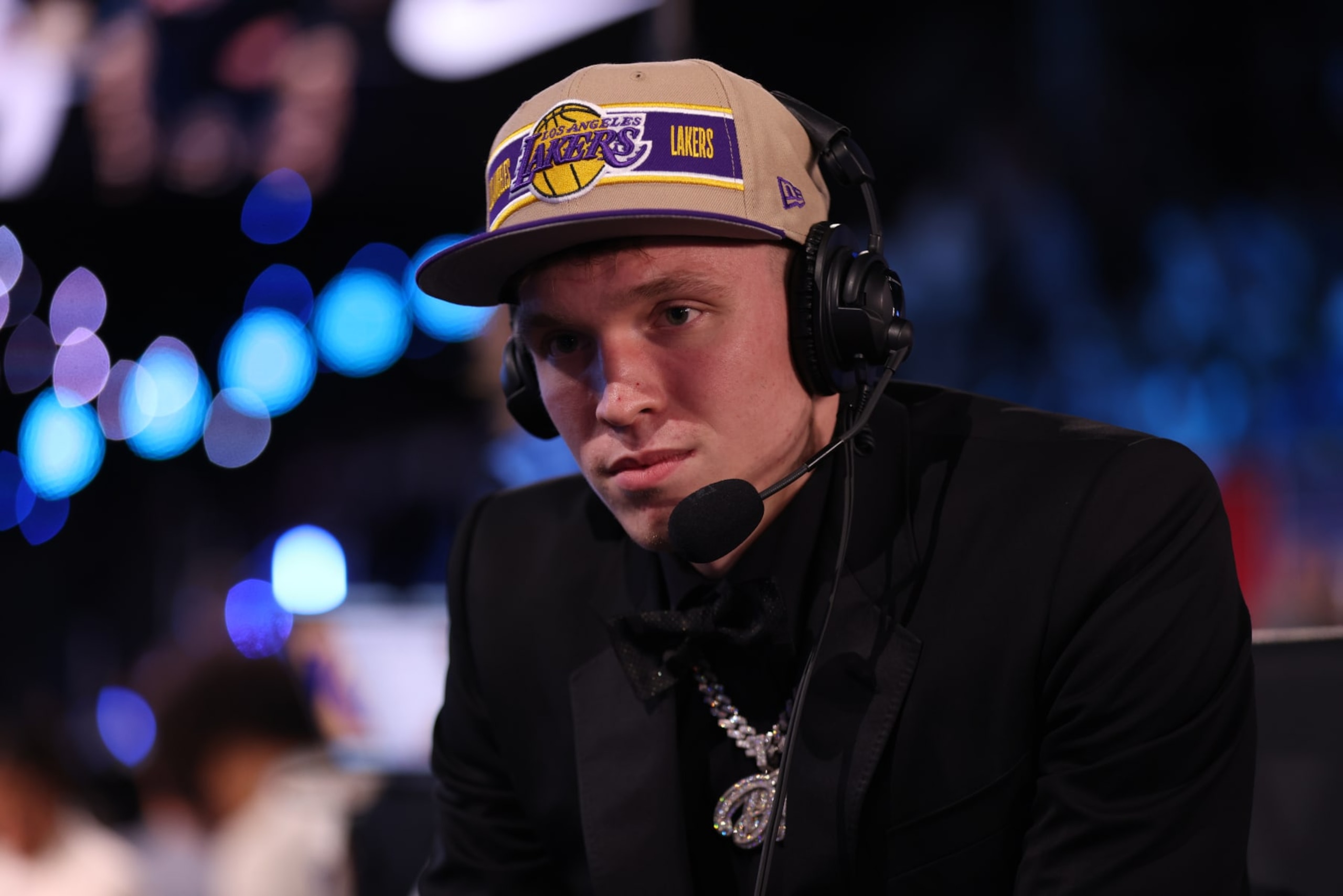 BROOKLYN, NY - JUNE 26: Dalton Knecht talks to the media after being drafted by the Los Angeles Lakers during the 2024 NBA Draft - Round One on June 26, 2024 at Barclays Center in Brooklyn, New York. NOTE TO USER: User expressly acknowledges and agrees that, by downloading and or using this photograph, User is consenting to the terms and conditions of the Getty Images License Agreement. Mandatory Copyright Notice: Copyright 2024 NBAE (Photo by Luther Schlaifer/NBAE via Getty Images)