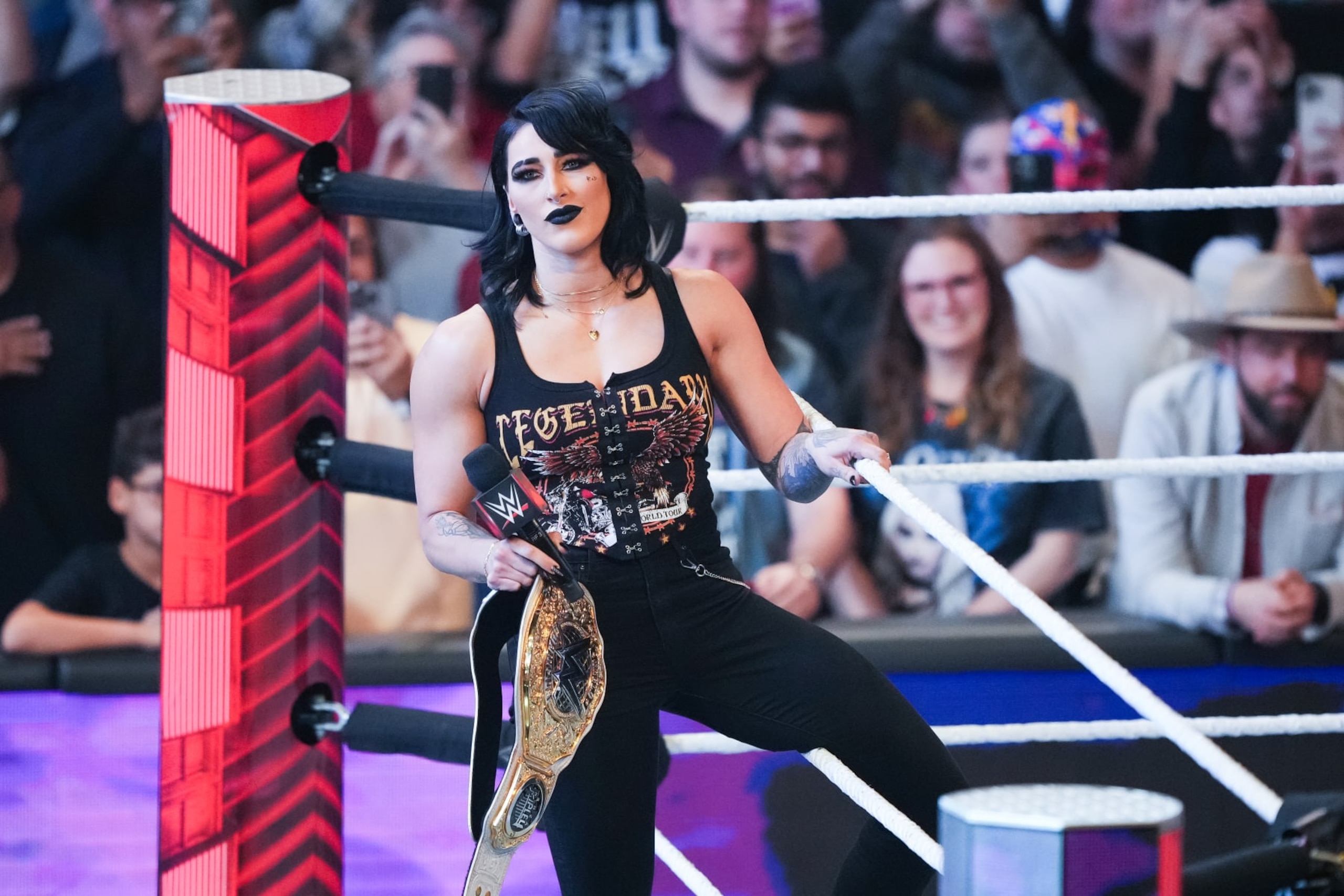 HOUSTON, TEXAS - MARCH 11: Rhea Ripley looks on during WWE Monday Night RAW at Toyota Center on March 11, 2024 in Houston, Texas. (Photo by Alex Bierens de Haan/Getty Images)