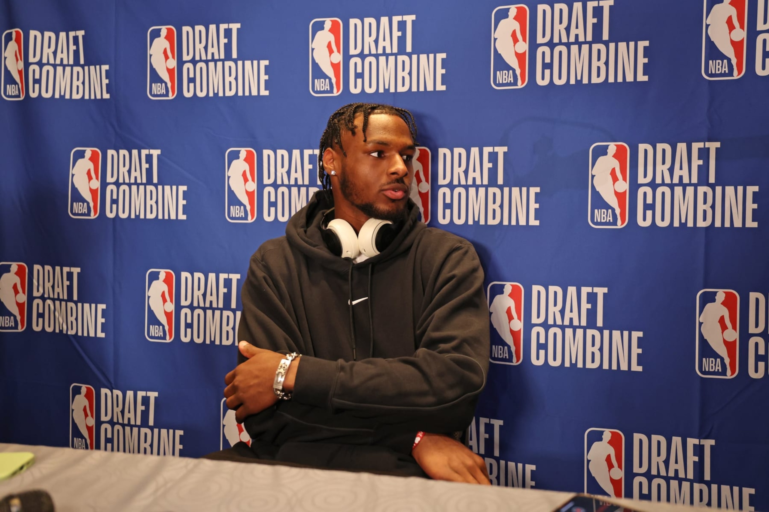 CHICAGO, IL - MAY 14: Bronny James talks to the media during the 2024 NBA Combine on May 14, 2024 at Wintrust Arena in Chicago, Illinois. NOTE TO USER: User expressly acknowledges and agrees that, by downloading and or using this photograph, User is consenting to the terms and conditions of the Getty Images License Agreement. Mandatory Copyright Notice: Copyright 2024 NBAE (Photo by Jeff Haynes/NBAE via Getty Images) CHICAGO, IL - MAY 14: Bronny James talks to the media during the 2024 NBA Combine on May 14, 2024 at Wintrust Arena in Chicago, Illinois. NOTE TO USER: User expressly acknowledges and agrees that, by downloading and or using this photograph, User is consenting to the terms and conditions of the Getty Images License Agreement. Mandatory Copyright Notice: Copyright 2024 NBAE (Photo by Jeff Haynes/NBAE via Getty Images)