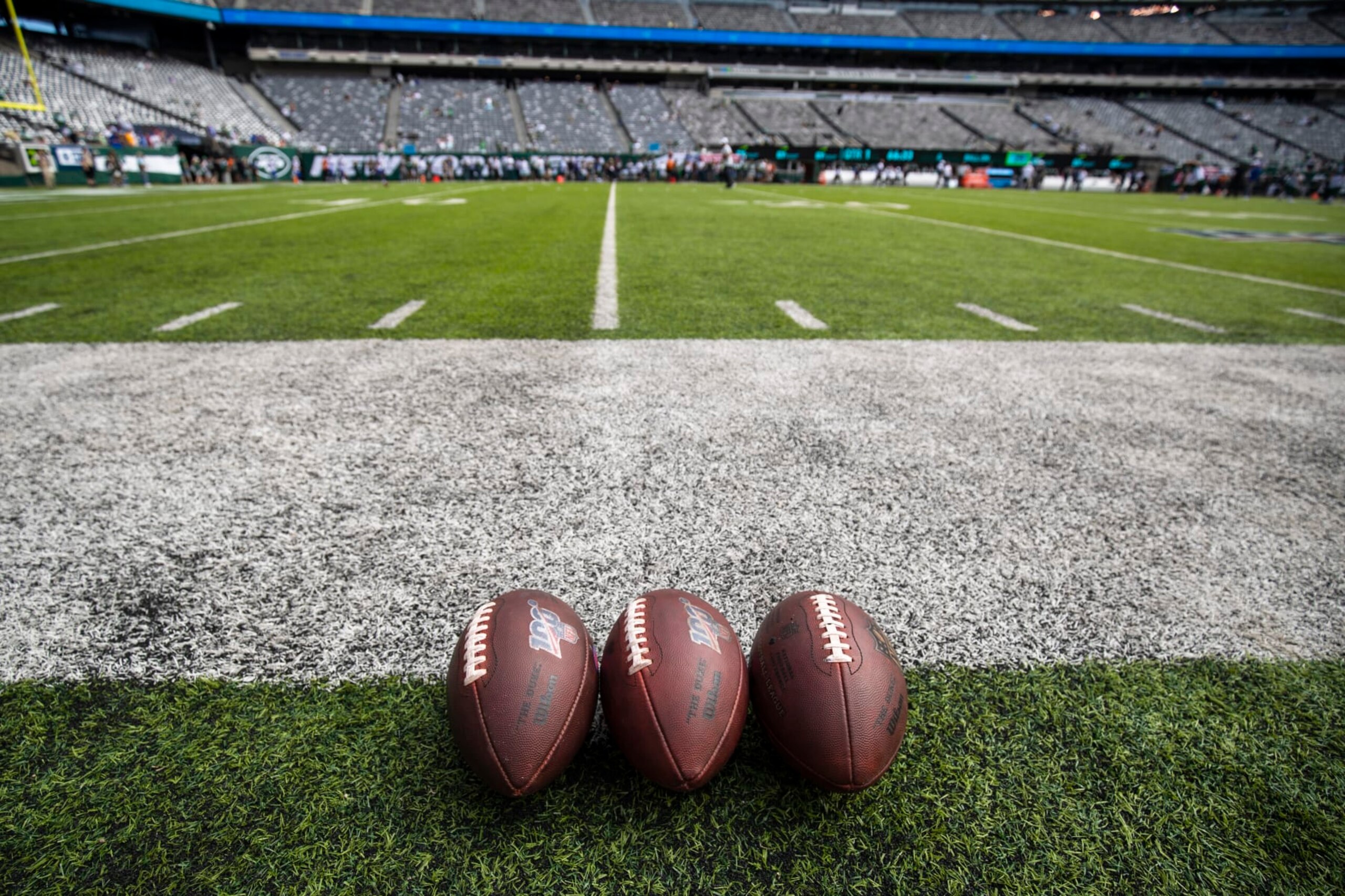 EAST RUTHERFORD, NJ - SEPTEMBER 08: Detail view of three NFL footballs on the sideline before the game between the New York Jets and the Buffalo Bills at MetLife Stadium on September 8, 2019 in East Rutherford, New Jersey. Buffalo defeats New York 17-16. (Photo by Brett Carlsen/Getty Images) EAST RUTHERFORD, NJ - SEPTEMBER 08: Detail view of three NFL footballs on the sideline before the game between the New York Jets and the Buffalo Bills at MetLife Stadium on September 8, 2019 in East Rutherford, New Jersey. Buffalo defeats New York 17-16. (Photo by Brett Carlsen/Getty Images)
