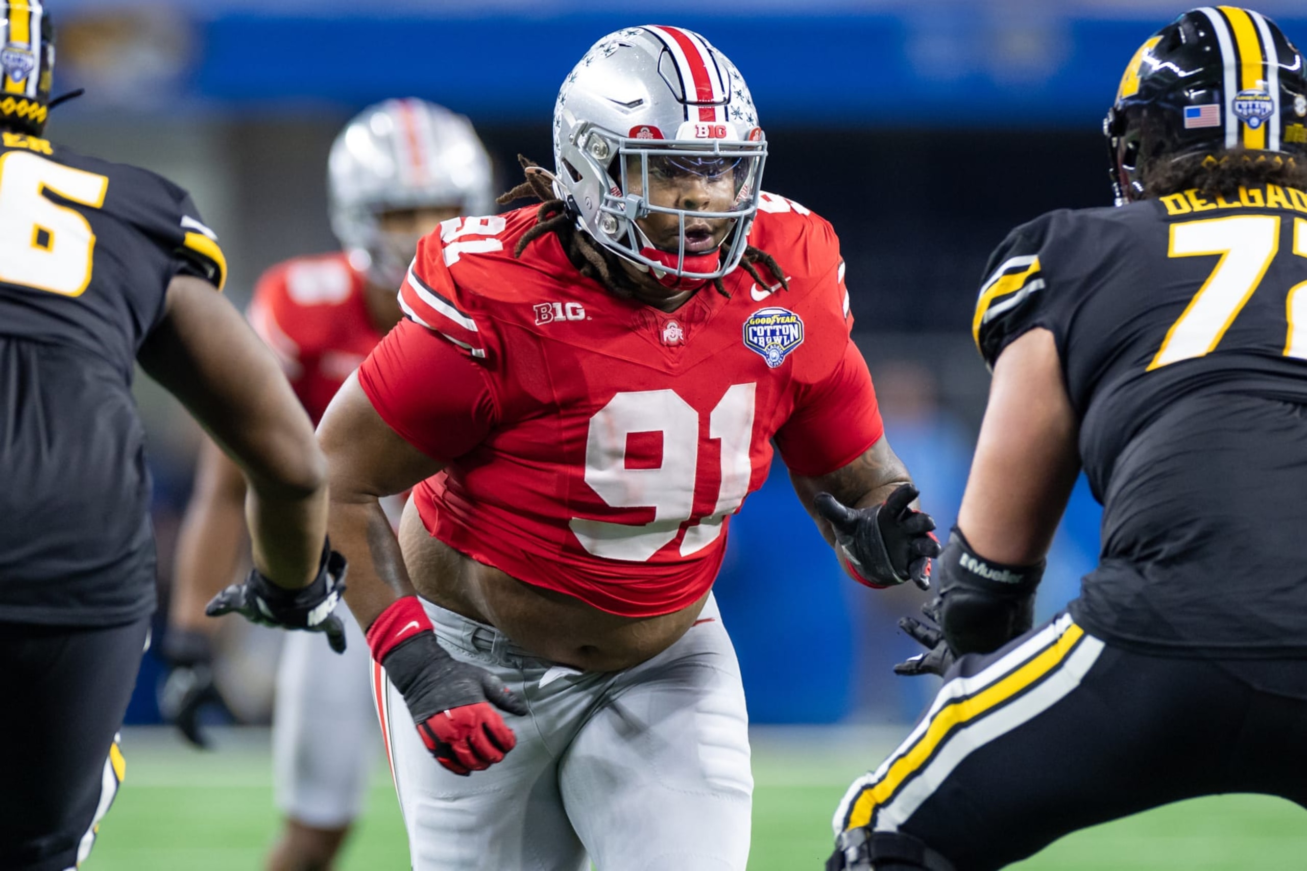 ARLINGTON, TX - DECEMBER 29: Ohio State Buckeyes defensive tackle Tyleik Williams (#91) runs up field during the Goodyear Cotton Bowl Classic football game between the Ohio State Buckeyes and Missouri Tigers on December 29, 2023 at AT&T Stadium in Arlington, TX. (Photo by Matthew Visinsky/Icon Sportswire via Getty Images) ARLINGTON, TX - DECEMBER 29: Ohio State Buckeyes defensive tackle Tyleik Williams (#91) runs up field during the Goodyear Cotton Bowl Classic football game between the Ohio State Buckeyes and Missouri Tigers on December 29, 2023 at AT&T Stadium in Arlington, TX. (Photo by Matthew Visinsky/Icon Sportswire via Getty Images)