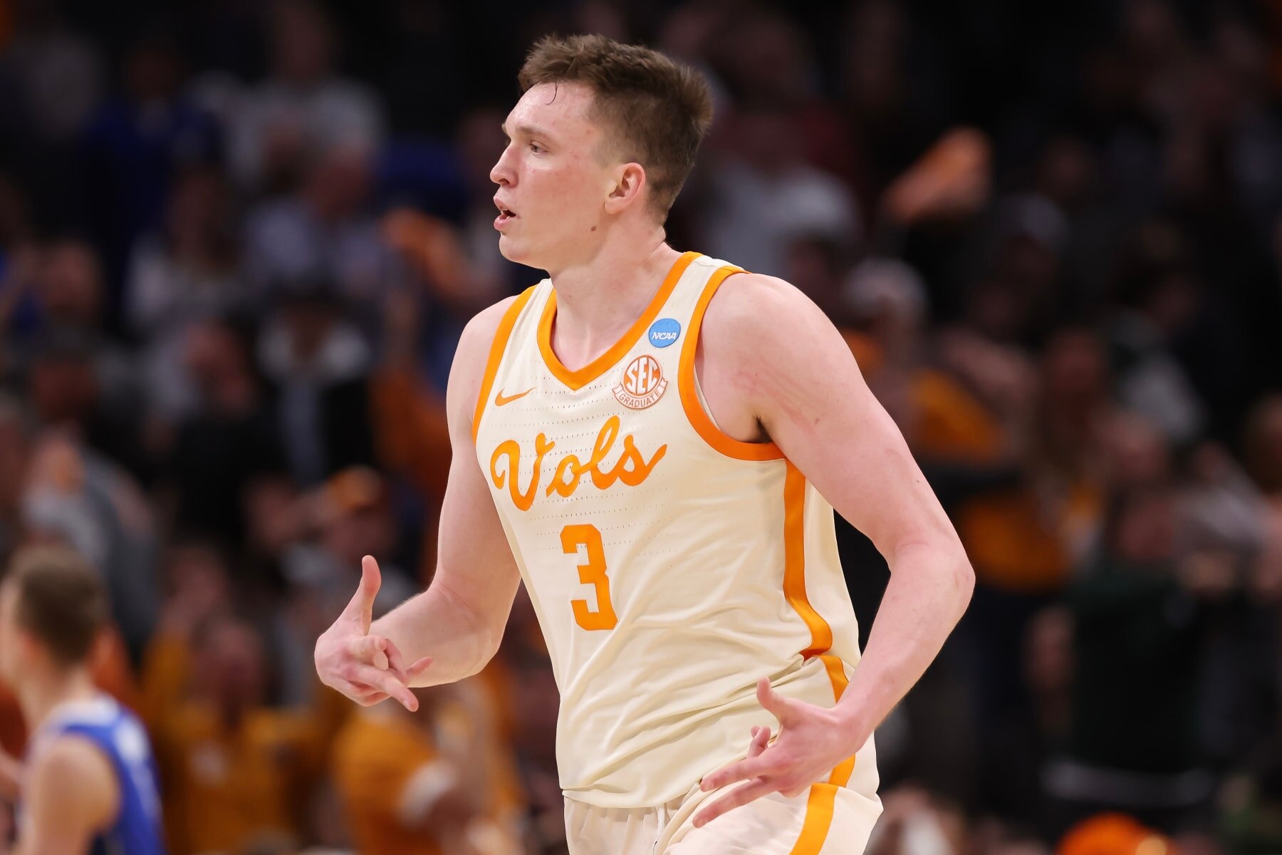 DETROIT, MICHIGAN - MARCH 29: Dalton Knecht #3 of the Tennessee Volunteers reacts during the second half against the Creighton Bluejays in the Sweet 16 round of the NCAA Men's Basketball Tournament at Little Caesars Arena on March 29, 2024 in Detroit, Michigan. (Photo by Gregory Shamus/Getty Images)