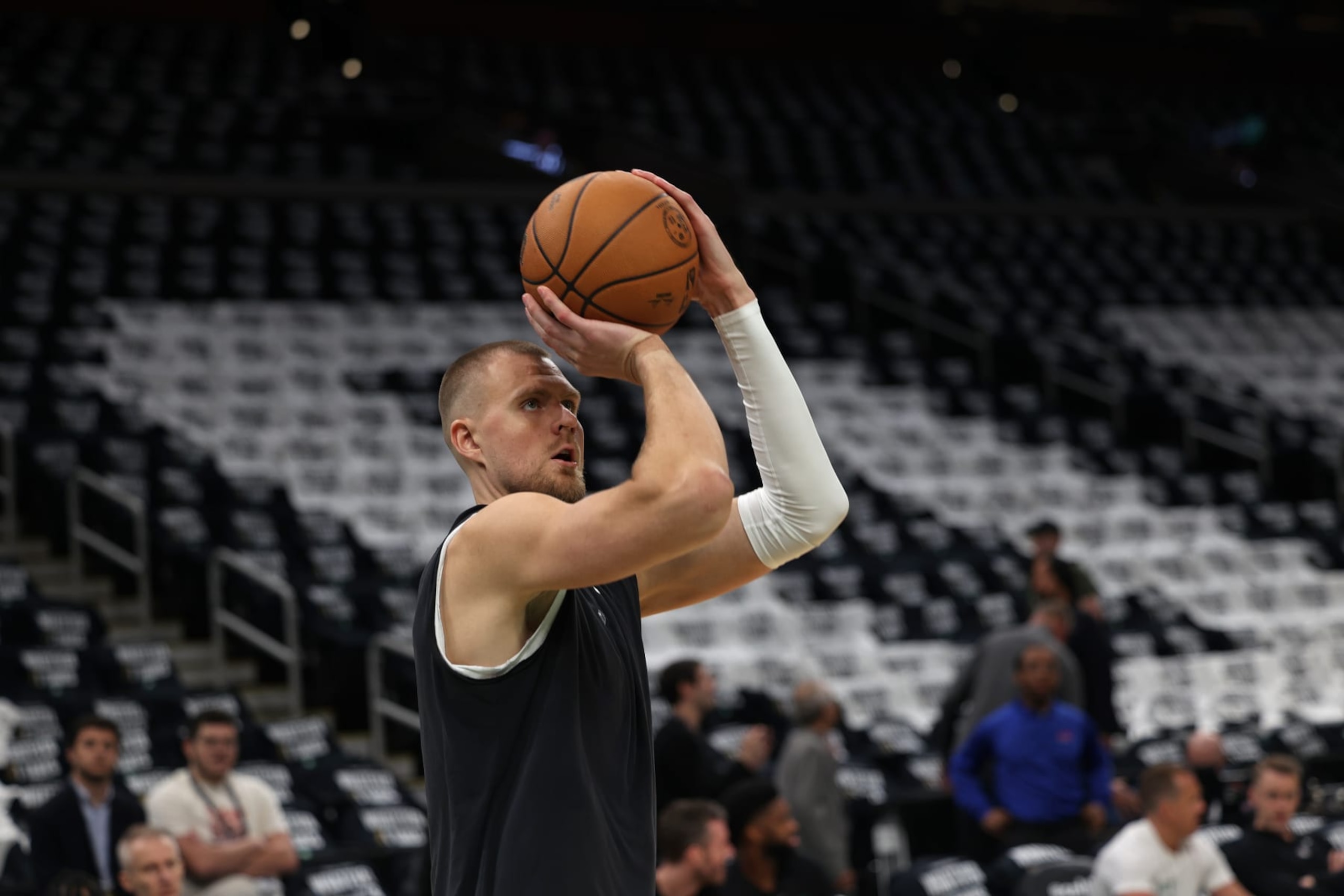 BOSTON, MA - JUNE 17: Kristaps Porzingis #8 of the Boston Celtics warms up before the game against the Dallas Mavericks during Game 5 of the 2024 NBA Finals on June 17, 2024 at the TD Garden in Boston, Massachusetts. NOTE TO USER: User expressly acknowledges and agrees that, by downloading and or using this photograph, User is consenting to the terms and conditions of the Getty Images License Agreement. Mandatory Copyright Notice: Copyright 2024 NBAE  (Photo by Grace Beal/NBAE via Getty Images)