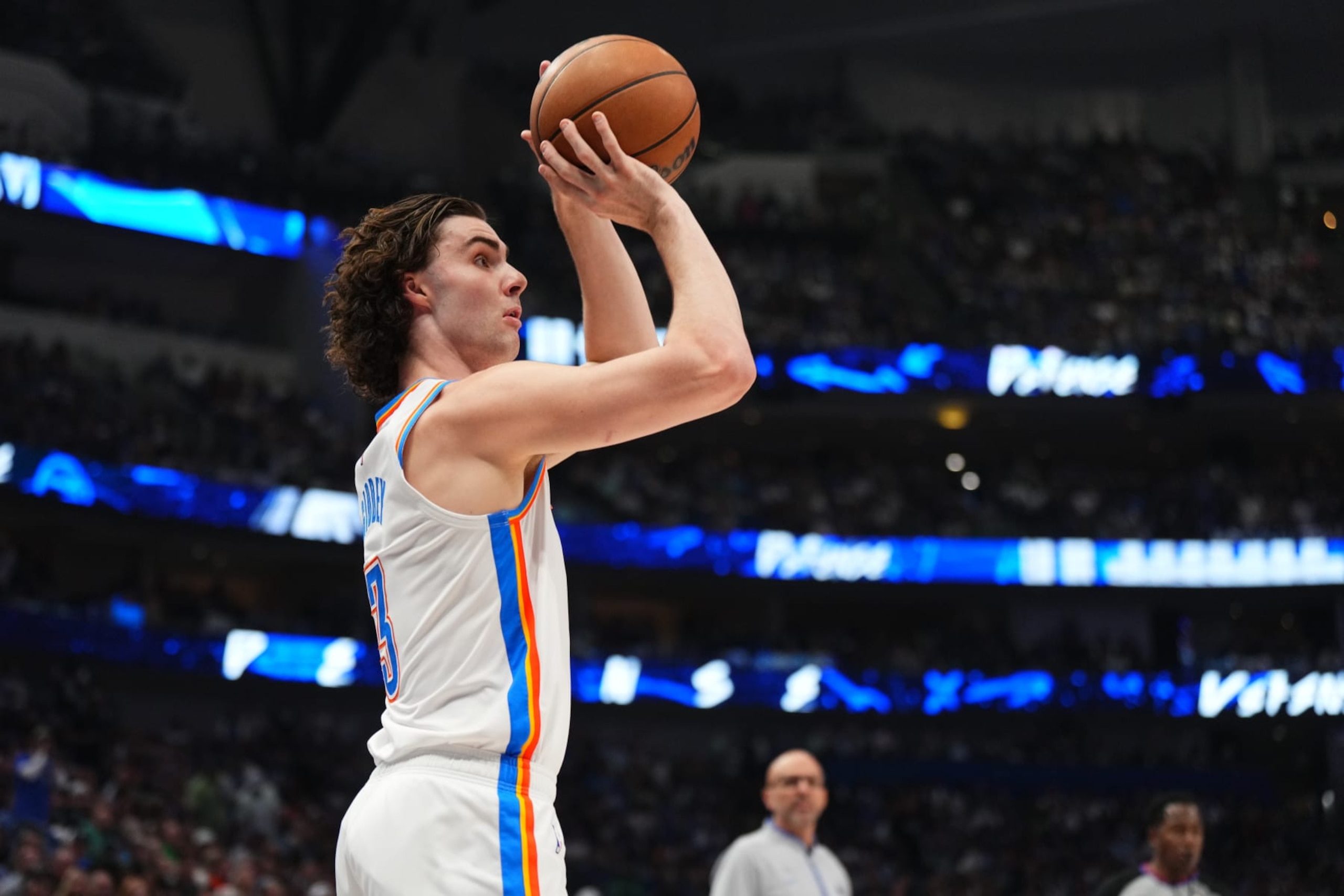 DALLAS, TX - MAY 18: Josh Giddey #3 of the Oklahoma City Thunder shoots the ball during the game against the Dallas Mavericks during Round 2 Game 6 of the 2024 NBA Playoffs on May 18, 2024 at the American Airlines Center in Dallas, Texas. NOTE TO USER: User expressly acknowledges and agrees that, by downloading and or using this photograph, User is consenting to the terms and conditions of the Getty Images License Agreement. Mandatory Copyright Notice: Copyright 2024 NBAE (Photo by Cooper Neill/NBAE via Getty Images) DALLAS, TX - MAY 18: Josh Giddey #3 of the Oklahoma City Thunder shoots the ball during the game against the Dallas Mavericks during Round 2 Game 6 of the 2024 NBA Playoffs on May 18, 2024 at the American Airlines Center in Dallas, Texas. NOTE TO USER: User expressly acknowledges and agrees that, by downloading and or using this photograph, User is consenting to the terms and conditions of the Getty Images License Agreement. Mandatory Copyright Notice: Copyright 2024 NBAE (Photo by Cooper Neill/NBAE via Getty Images)