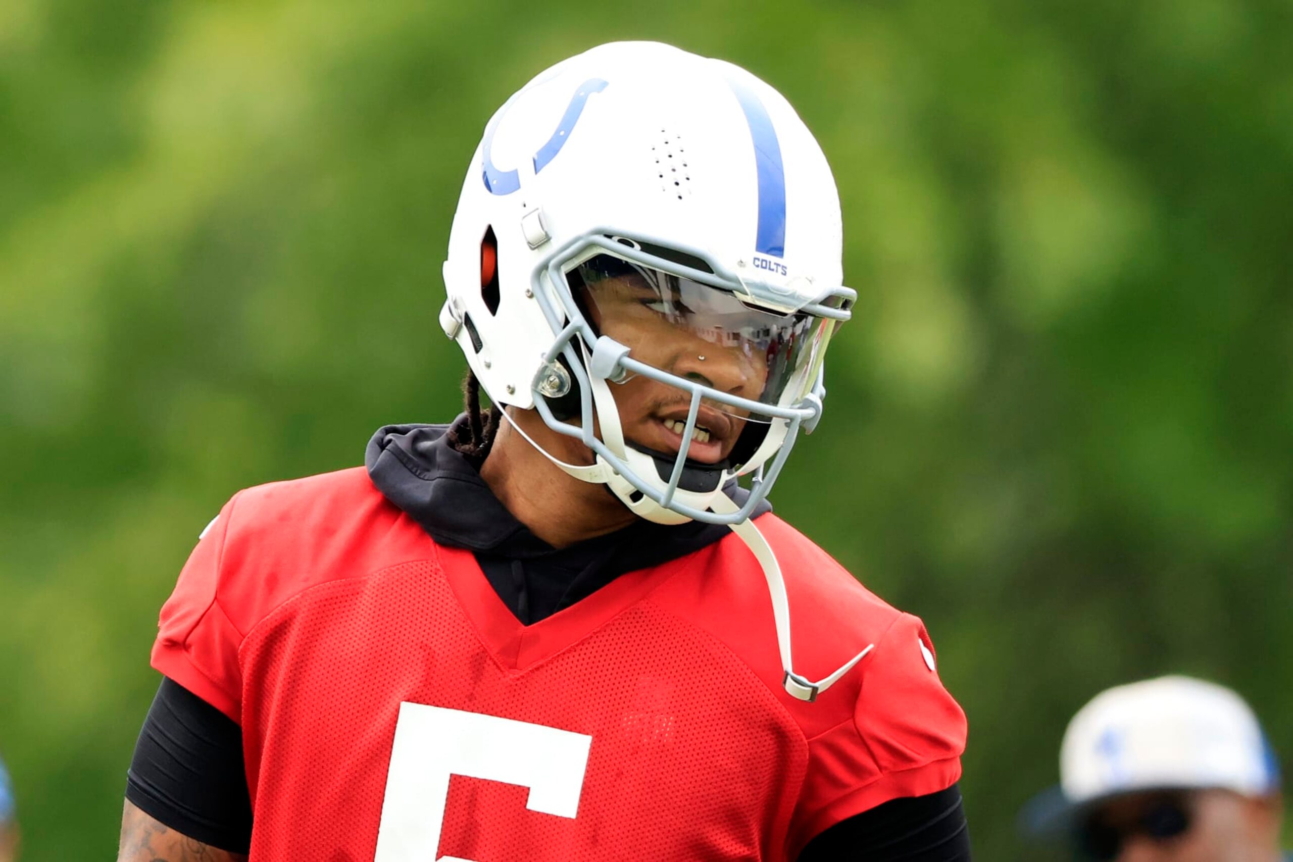 INDIANAPOLIS, INDIANA - JUNE 05: Anthony Richardson #5 of the Indianapolis Colts looks on during Indianapolis Colts mandatory minicamp at the Indiana Farm Bureau Football Center at Lucas Oil Stadium on June 5, 2024 in Indianapolis, Indiana. (Photo by Justin Casterline/Getty Images)