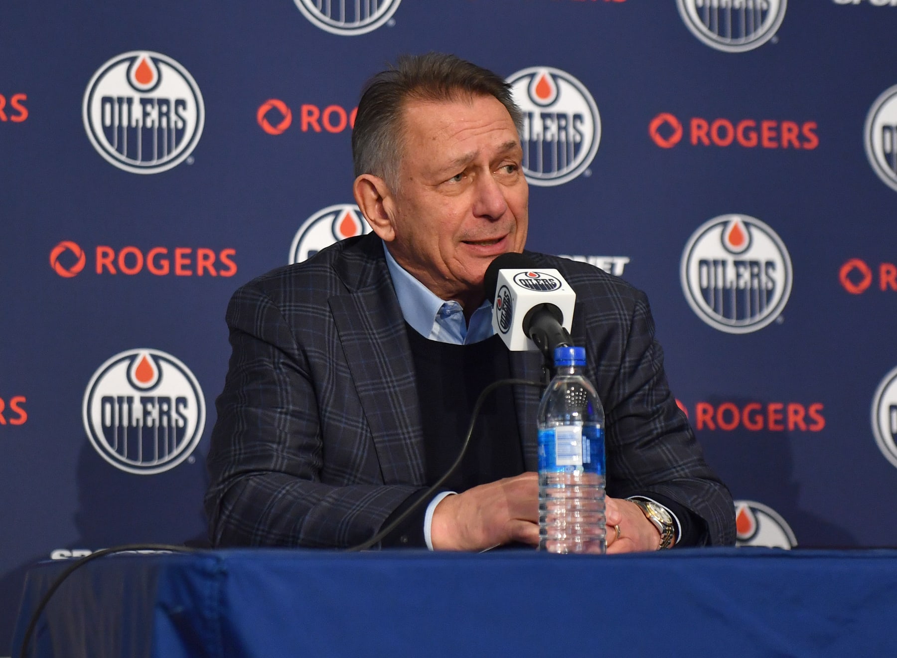 EDMONTON, CANADA - JANUARY 22: Ken Holland speaks at the Corey Perry free agent signing press conference at Rogers Place on January 22, 2024, in Edmonton, Alberta, Canada. (Photo by Andy Devlin/NHLI via Getty Images)