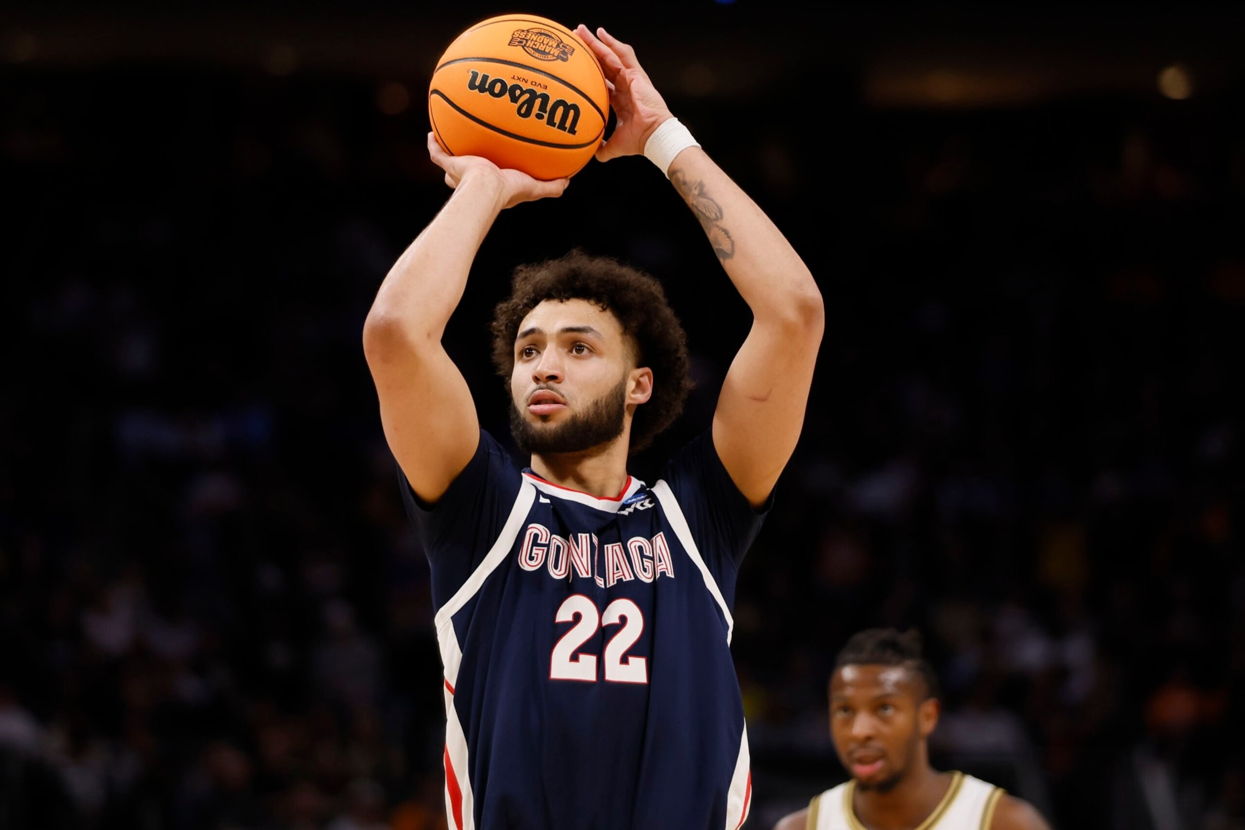 DETROIT, MICHIGAN - MARCH 29: Anton Watson #22 of the Gonzaga Bulldogs takes a shot against the Purdue Boilermakers during the Sweet Sixteen round of the 2024 NCAA Men's Basketball Tournament held at Little Caesars Arena on March 29, 2024 in Detroit, Michigan. (Photo by Jay LaPrete/NCAA Photos/NCAA Photos via Getty Images)