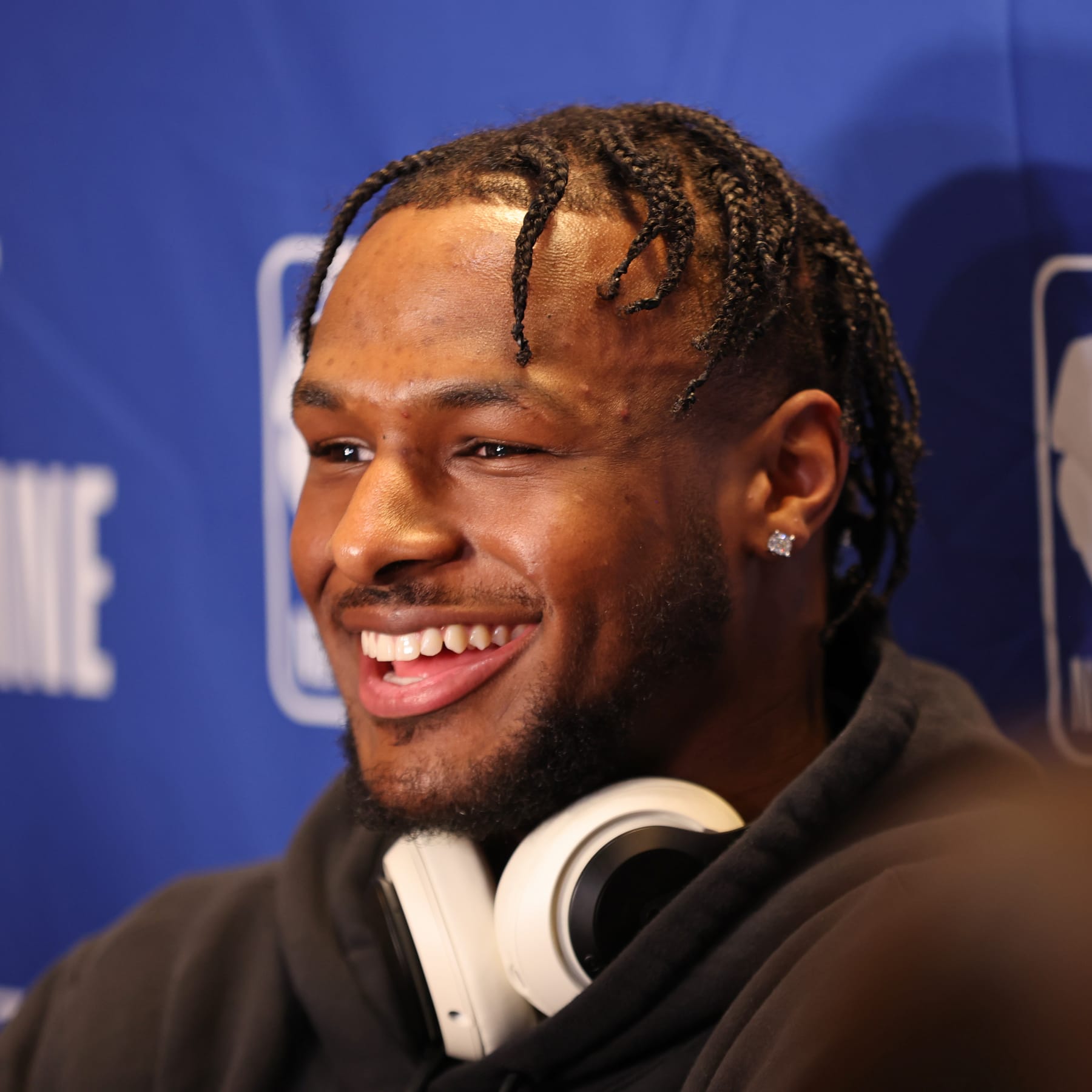 CHICAGO, IL - MAY 14: Bronny James talks to the media during the 2024 NBA Combine on May 14, 2024 at Wintrust Arena in Chicago, Illinois. NOTE TO USER: User expressly acknowledges and agrees that, by downloading and or using this photograph, User is consenting to the terms and conditions of the Getty Images License Agreement. Mandatory Copyright Notice: Copyright 2024 NBAE (Photo by Jeff Haynes/NBAE via Getty Images)