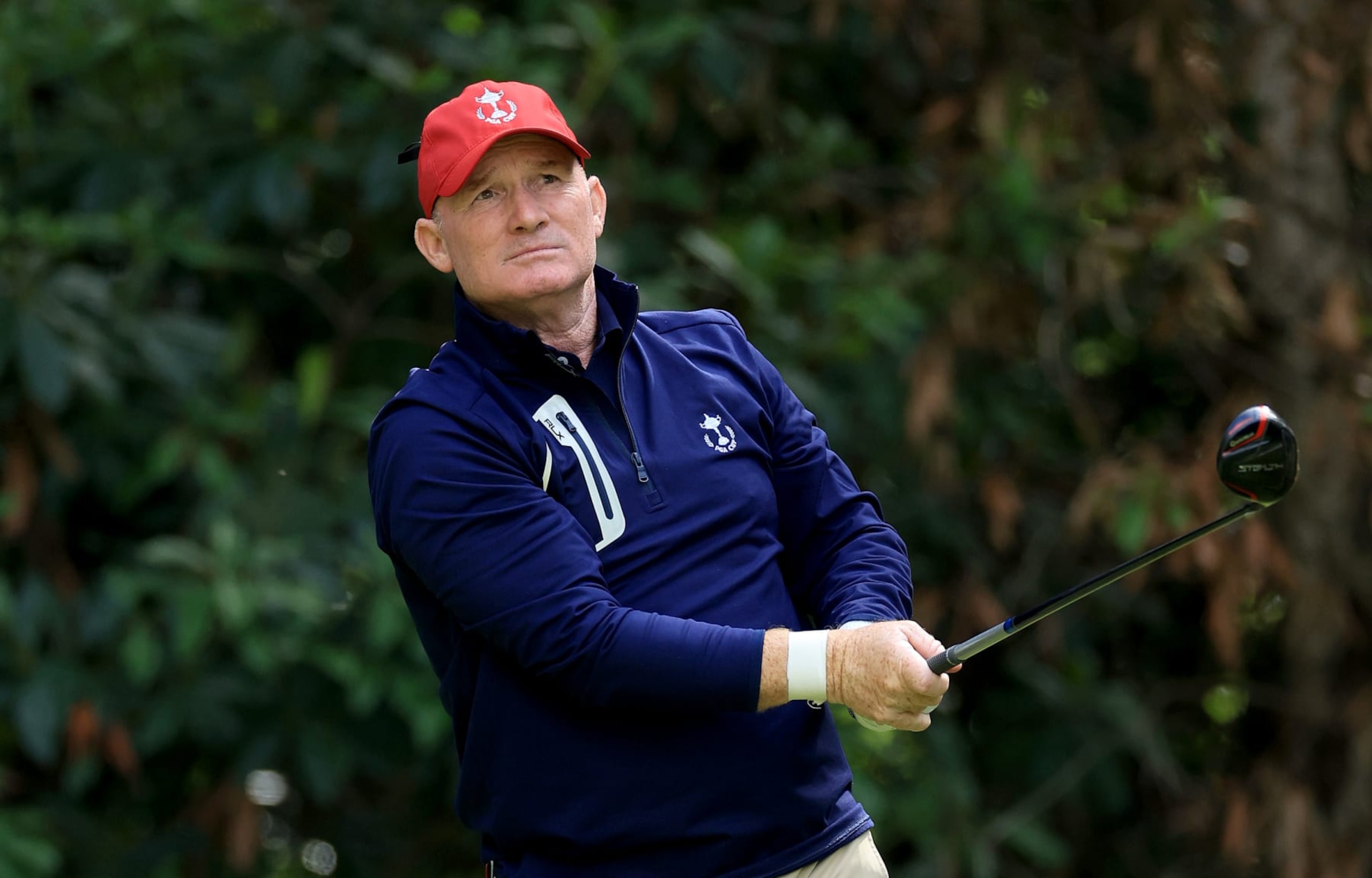 OTTERSHAW, ENGLAND - SEPTEMBER 18: Frank Bensel Jr. of the United States team plays a shot during the singles matches on Day Three of the 2022 PGA Cup on The Longcross Course at Foxhills Club and Resort on September 18, 2022 in Ottershaw, England. (Photo by David Cannon/Getty Images) OTTERSHAW, ENGLAND - SEPTEMBER 18: Frank Bensel Jr. of the United States team plays a shot during the singles matches on Day Three of the 2022 PGA Cup on The Longcross Course at Foxhills Club and Resort on September 18, 2022 in Ottershaw, England. (Photo by David Cannon/Getty Images)