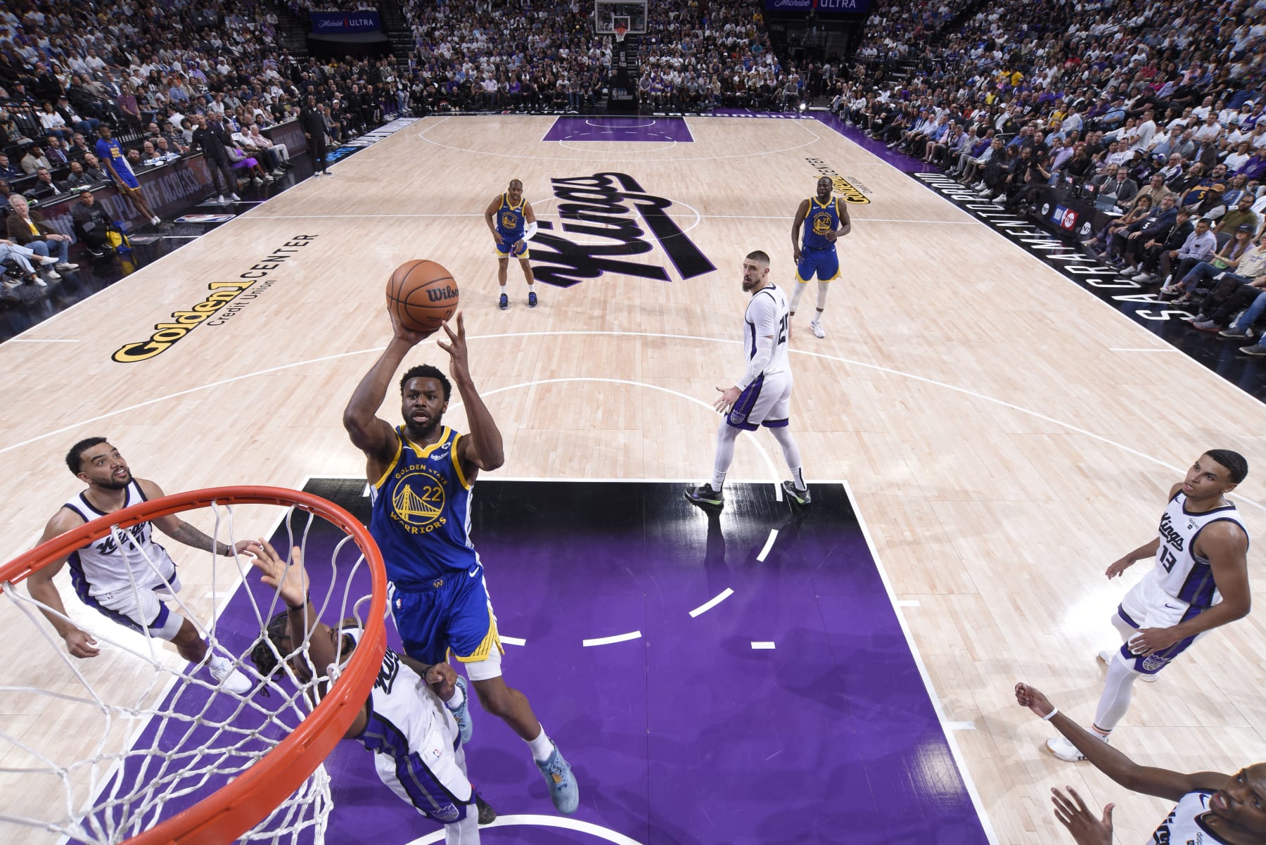 SACRAMENTO, CA - APRIL 16: Andrew Wiggins #22 of the Golden State Warriors shoots the ball during the game against the Sacramento Kings during the 2024 Play-In Tournament on April 16, 2024 at Golden 1 Center in Sacramento, California. NOTE TO USER: User expressly acknowledges and agrees that, by downloading and or using this Photograph, user is consenting to the terms and conditions of the Getty Images License Agreement. Mandatory Copyright Notice: Copyright 2024 NBAE (Photo by Rocky Widner/NBAE via Getty Images)