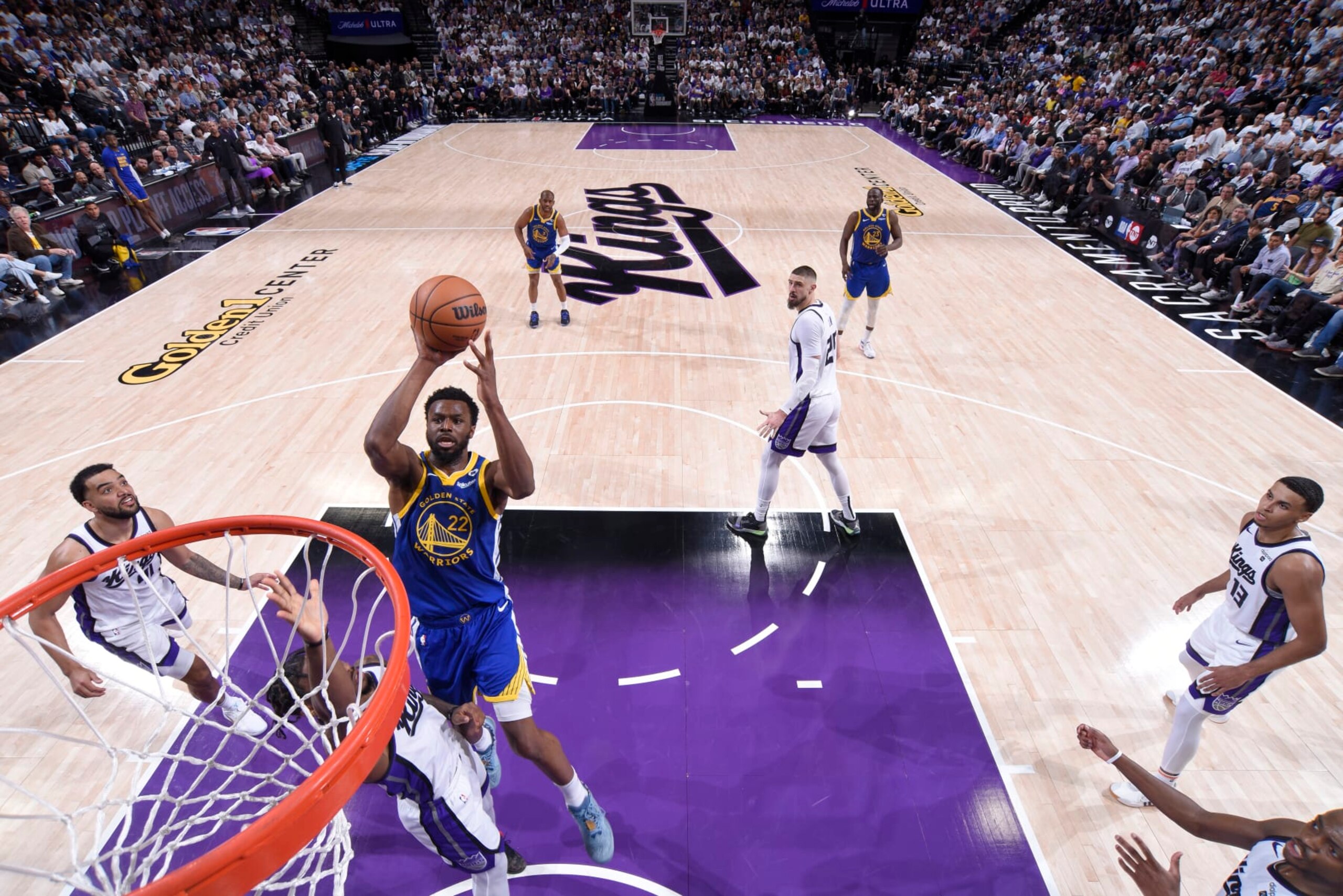 SACRAMENTO, CA - APRIL 16: Andrew Wiggins #22 of the Golden State Warriors shoots the ball during the game against the Sacramento Kings during the 2024 Play-In Tournament on April 16, 2024 at Golden 1 Center in Sacramento, California. NOTE TO USER: User expressly acknowledges and agrees that, by downloading and or using this Photograph, user is consenting to the terms and conditions of the Getty Images License Agreement. Mandatory Copyright Notice: Copyright 2024 NBAE (Photo by Rocky Widner/NBAE via Getty Images)