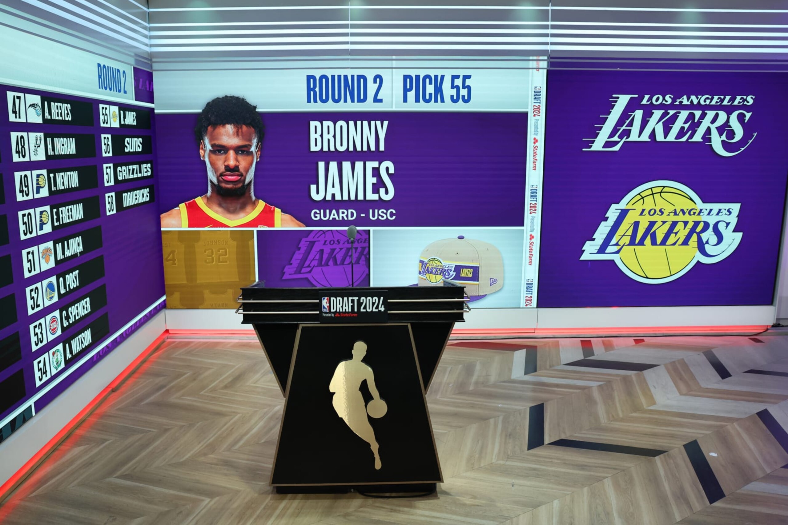 BROOKLYN, NY - JUNE 27: Bronny James gets drafted by the Los Angeles Lakers during the 2024 NBA Draft - Round Two on June 27, 2024 at Barclays Center in Brooklyn, New York. NOTE TO USER: User expressly acknowledges and agrees that, by downloading and or using this photograph, User is consenting to the terms and conditions of the Getty Images License Agreement. Mandatory Copyright Notice: Copyright 2024 NBAE (Photo by Jeff Haynes/NBAE via Getty Images) BROOKLYN, NY - JUNE 27: Bronny James gets drafted by the Los Angeles Lakers during the 2024 NBA Draft - Round Two on June 27, 2024 at Barclays Center in Brooklyn, New York. NOTE TO USER: User expressly acknowledges and agrees that, by downloading and or using this photograph, User is consenting to the terms and conditions of the Getty Images License Agreement. Mandatory Copyright Notice: Copyright 2024 NBAE (Photo by Jeff Haynes/NBAE via Getty Images)