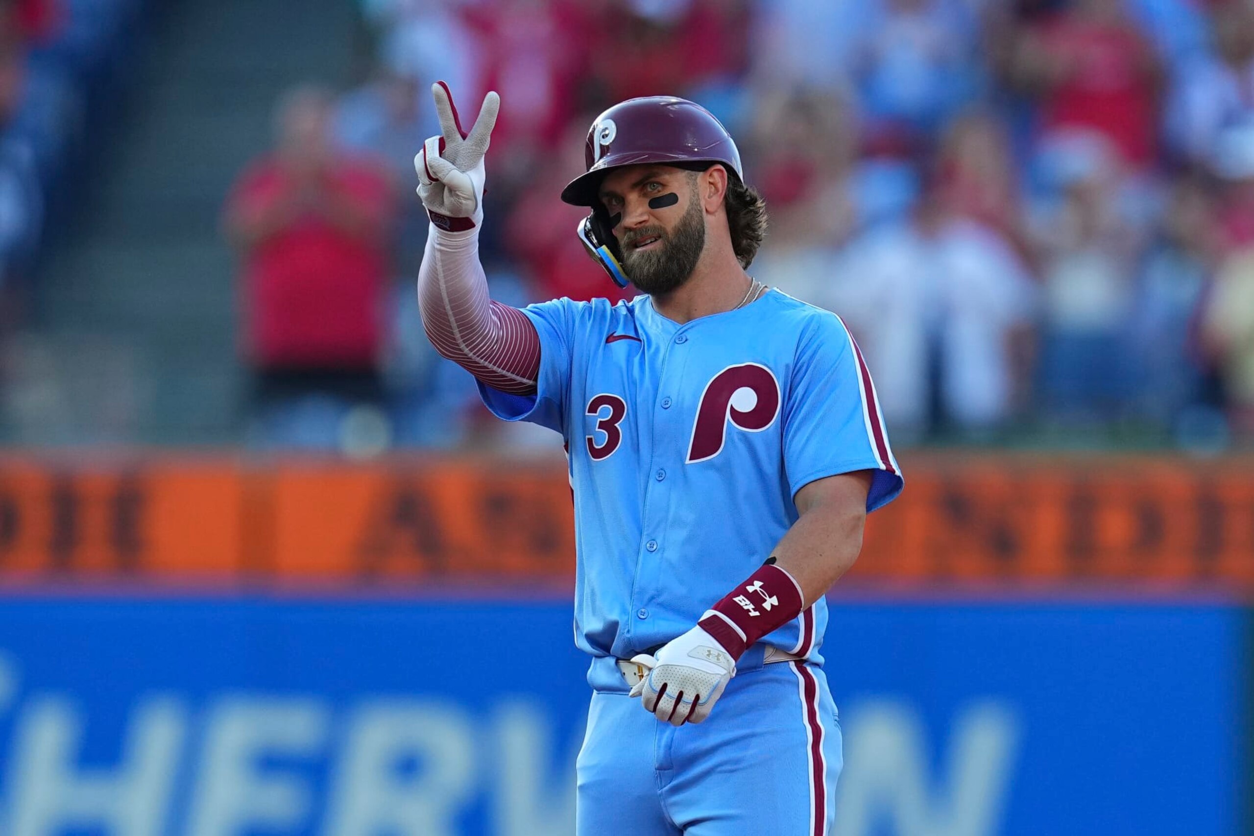 PHILADELPHIA, PENNSYLVANIA - JUNE 27: Bryce Harper #3 of the Philadelphia Phillies reacts against the Miami Marlins at Citizens Bank Park on June 27, 2024 in Philadelphia, Pennsylvania. The Marlins defeated the Phillies 7-4. (Photo by Mitchell Leff/Getty Images)