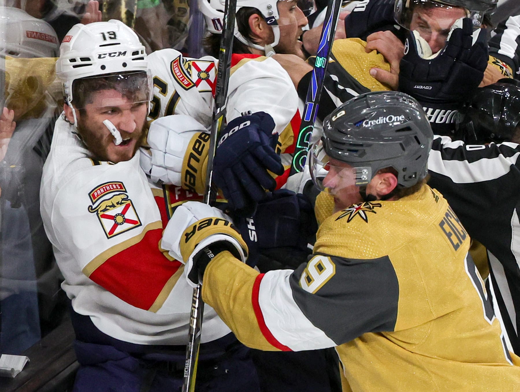 LAS VEGAS, NEVADA - JUNE 03: Matthew Tkachuk #19 of the Florida Panthers and Jack Eichel #9 of the Vegas Golden Knights fight in the third period of Game One of the 2023 NHL Stanley Cup Final at T-Mobile Arena on June 03, 2023 in Las Vegas, Nevada. The Golden Knights defeated the Panthers 5-2. (Photo by Ethan Miller/Getty Images)