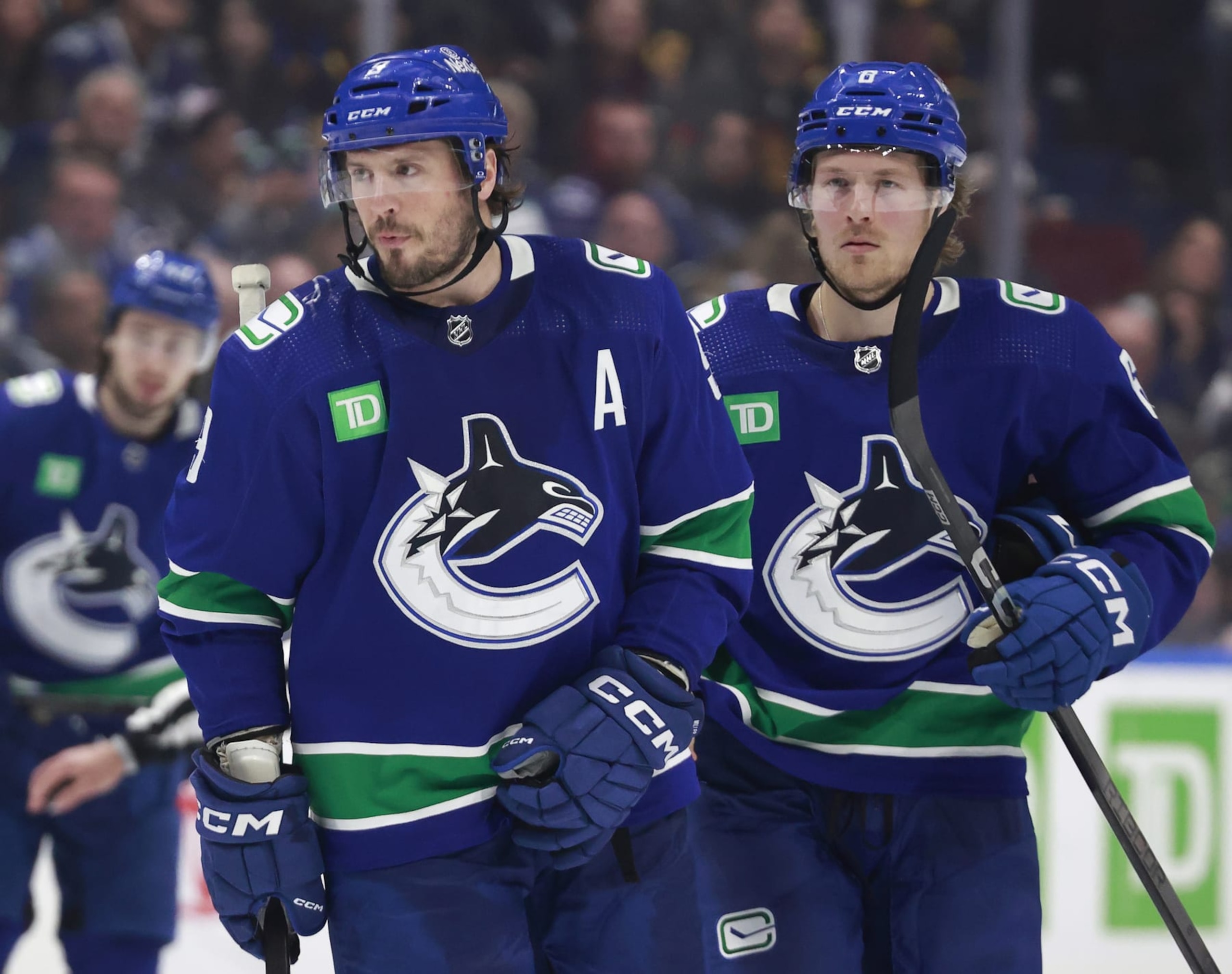 VANCOUVER, CANADA - APRIL 30: J.T. Miller #9 and Brock Boeser #6 of the Vancouver Canucks skate ups ice during Game Five of the First Round of the 2024 Stanley Cup Playoffs against the Nashville Predators at Rogers Arena on April 30, 2024 in Vancouver, British Columbia, Canada. (Photo by Jeff Vinnick/NHLI via Getty Images) VANCOUVER, CANADA - APRIL 30: J.T. Miller #9 and Brock Boeser #6 of the Vancouver Canucks skate ups ice during Game Five of the First Round of the 2024 Stanley Cup Playoffs against the Nashville Predators at Rogers Arena on April 30, 2024 in Vancouver, British Columbia, Canada. (Photo by Jeff Vinnick/NHLI via Getty Images)